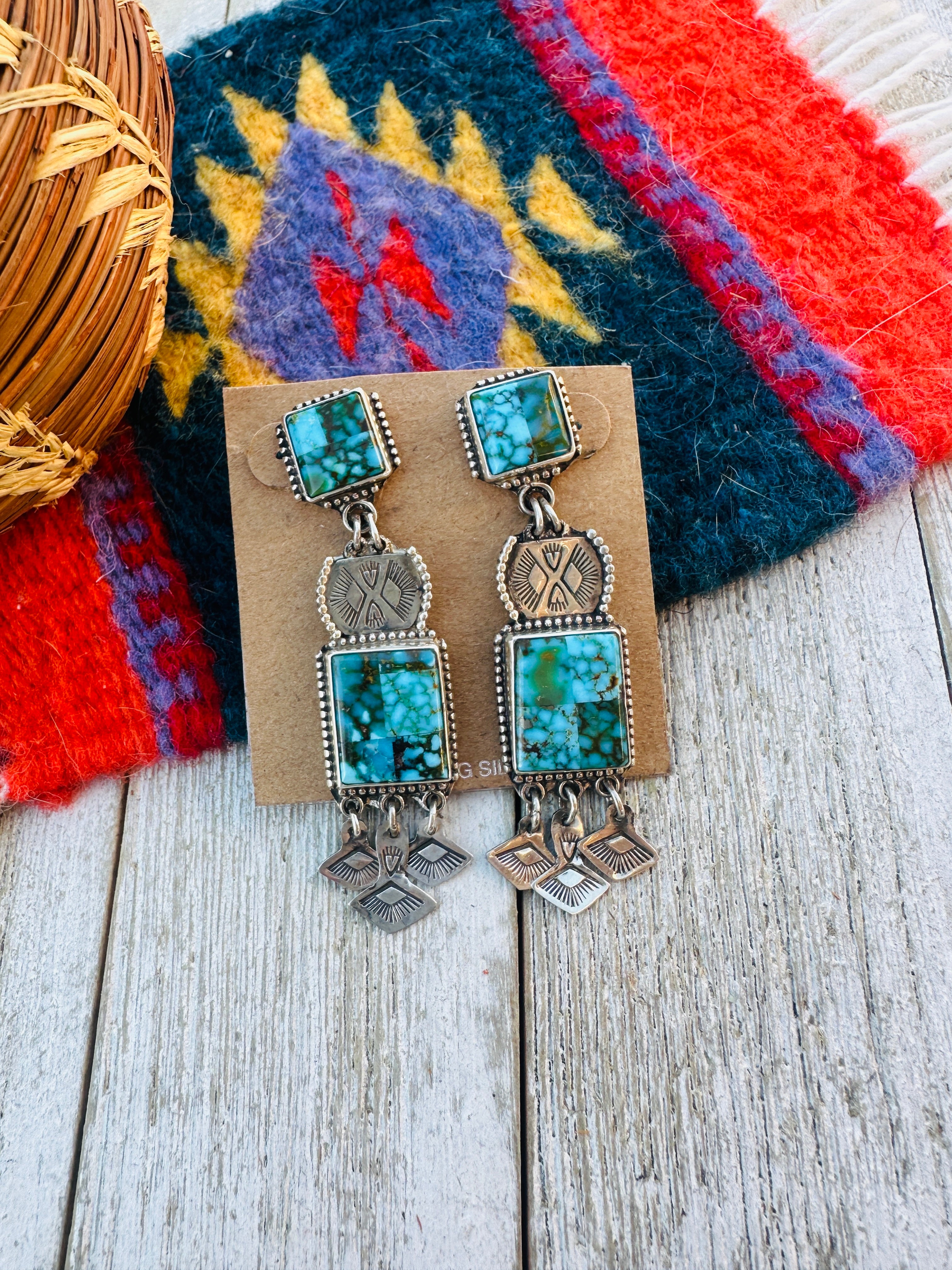 Handcrafted Kingman Web Turquoise & Sterling Silver Inlay Dangle Earrings