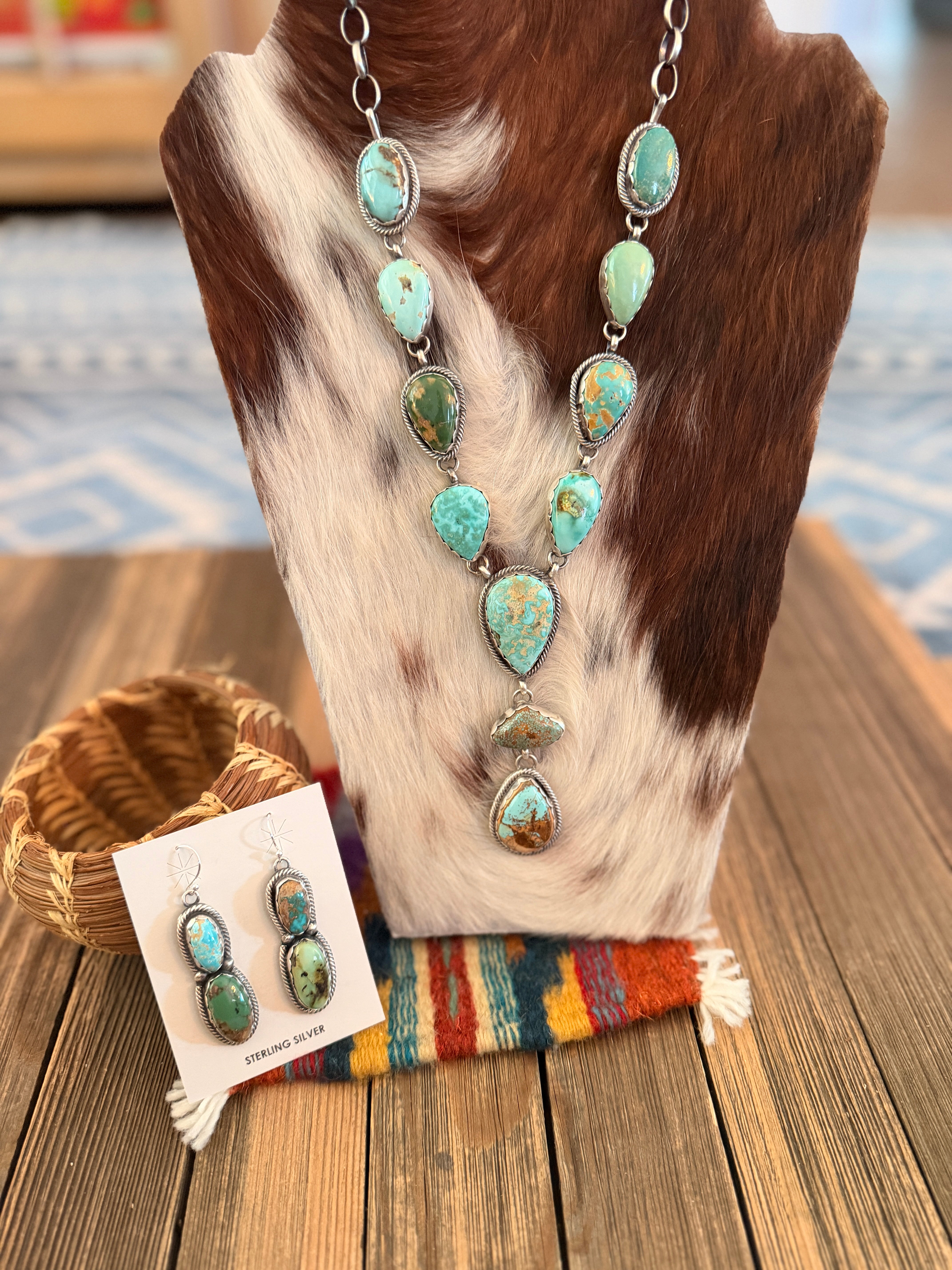 Handcrafted Multi Turquoise & Sterling Silver Necklace and Earring Set by Bobby Johnson