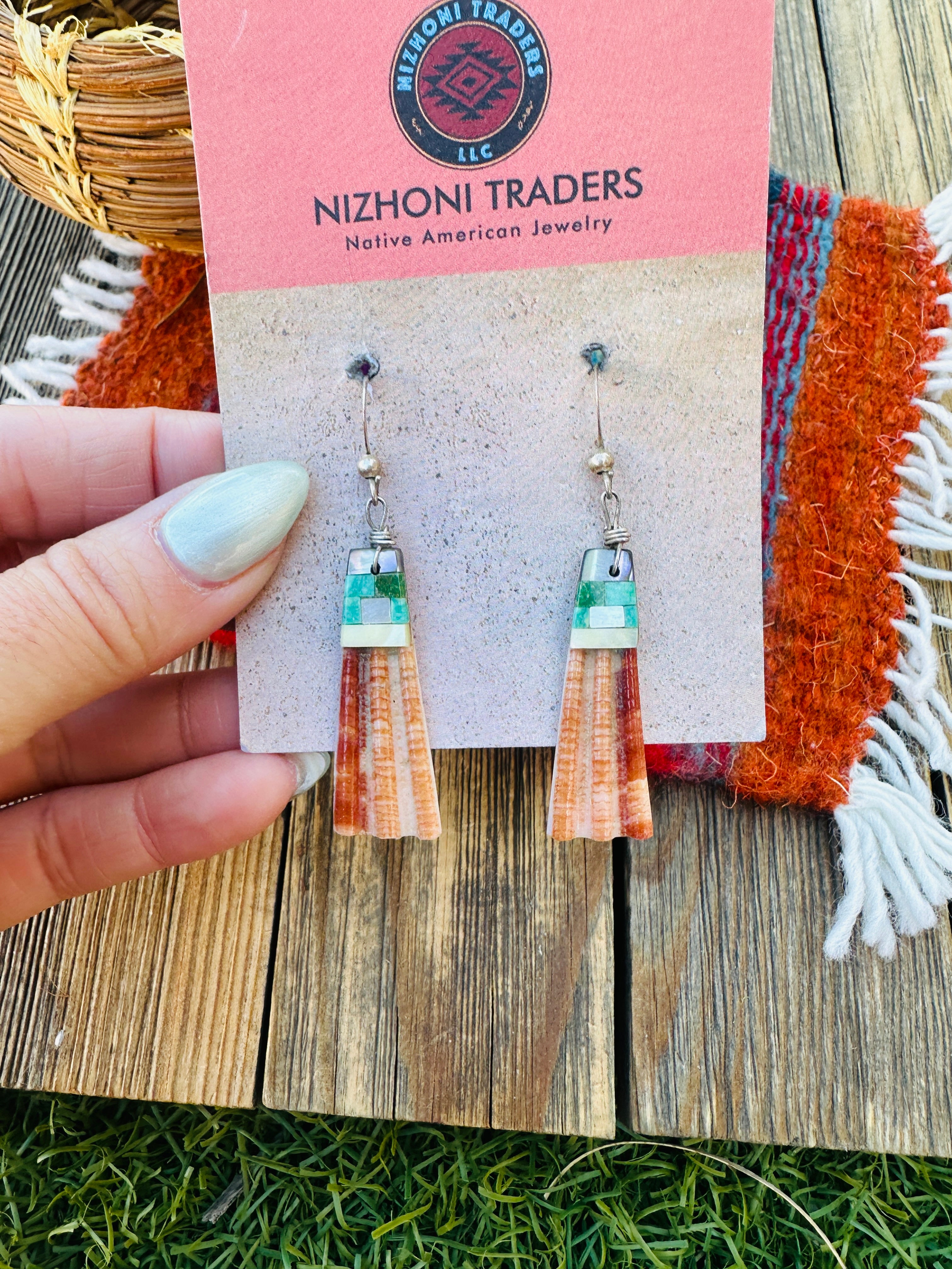 Old Pawn Handcrafted Orange Spiny & Multi Stone Inlay Dangle Earrings