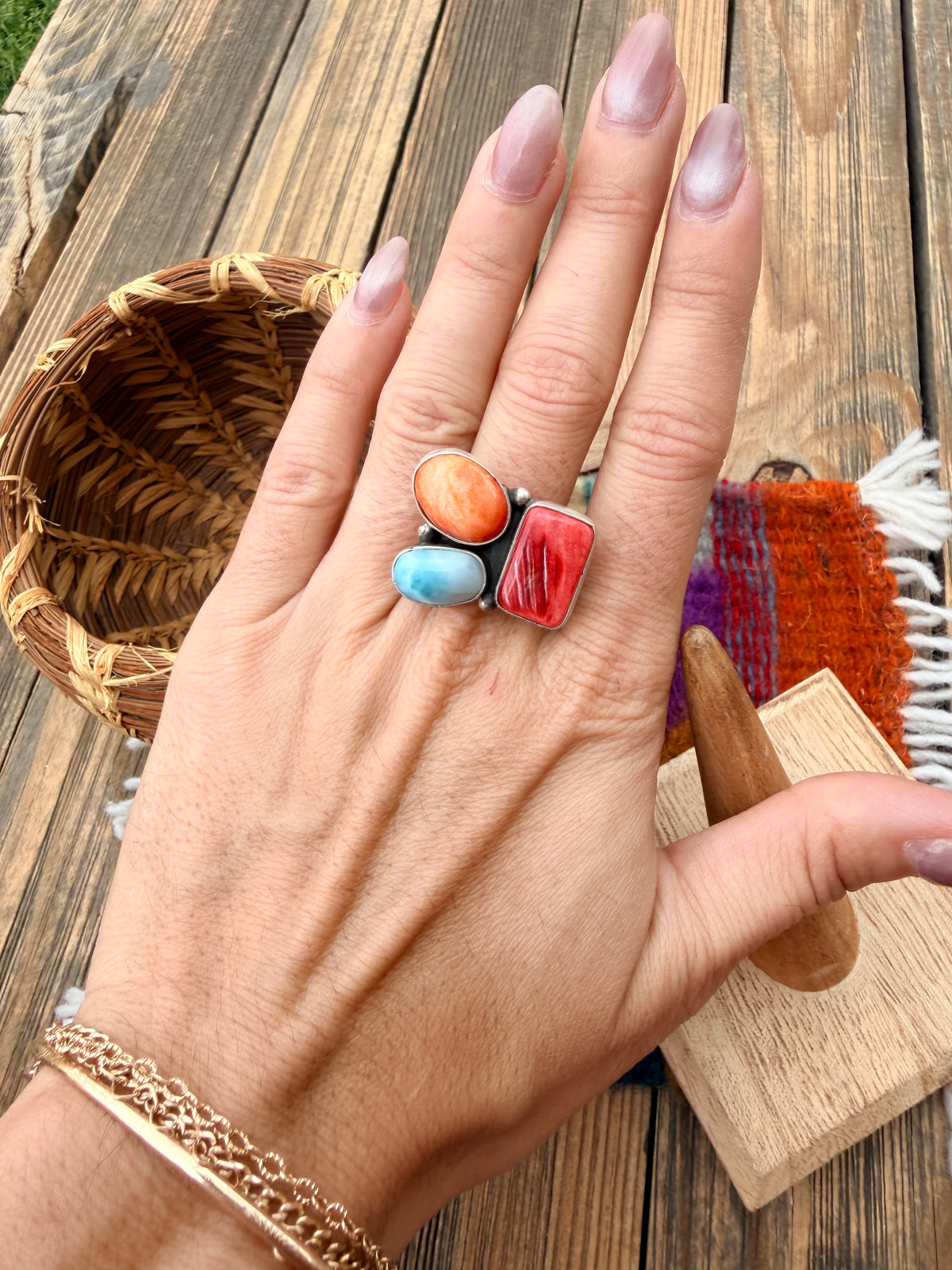 Handcrafted Spiny Oyster, Turquoise & Sterling Silver Adjustable Cluster Ring by Robert Livingston