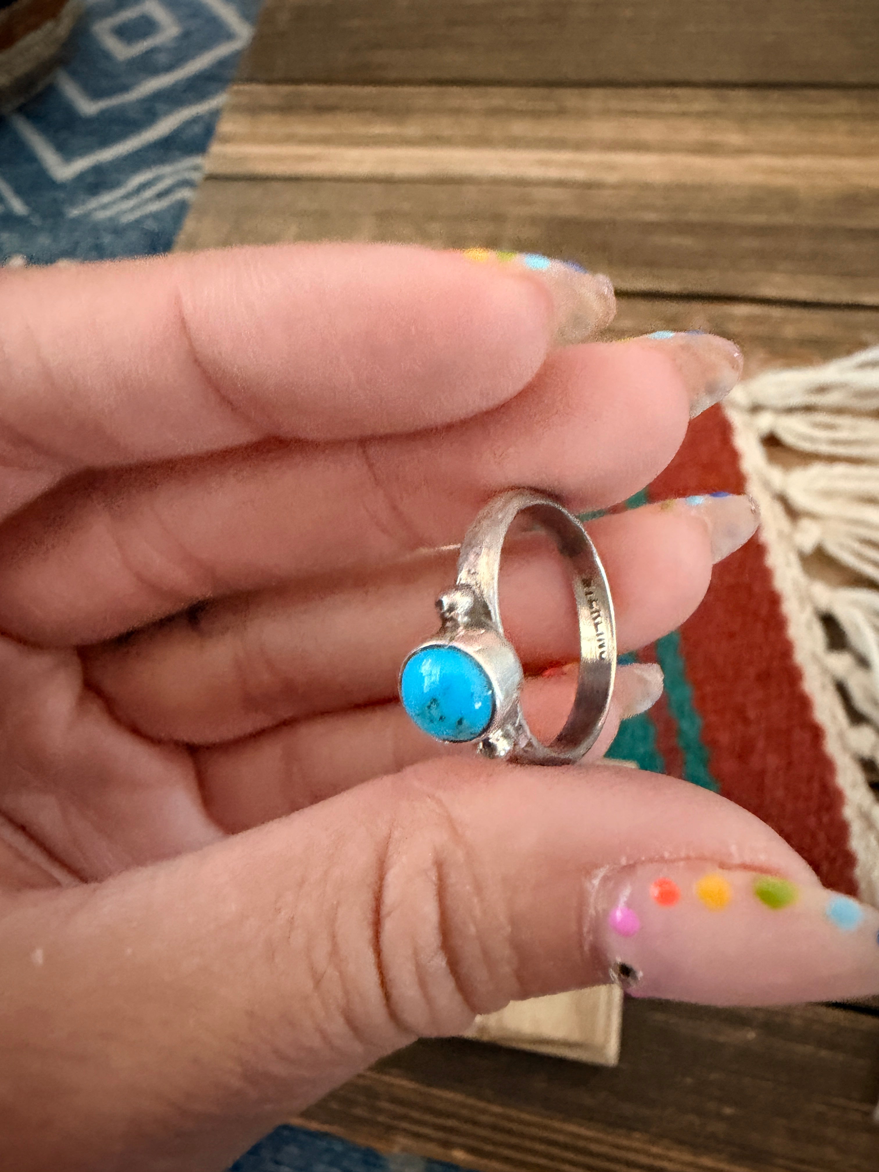 Handcrafted Turquoise & Sterling Silver Band Ring Size 7