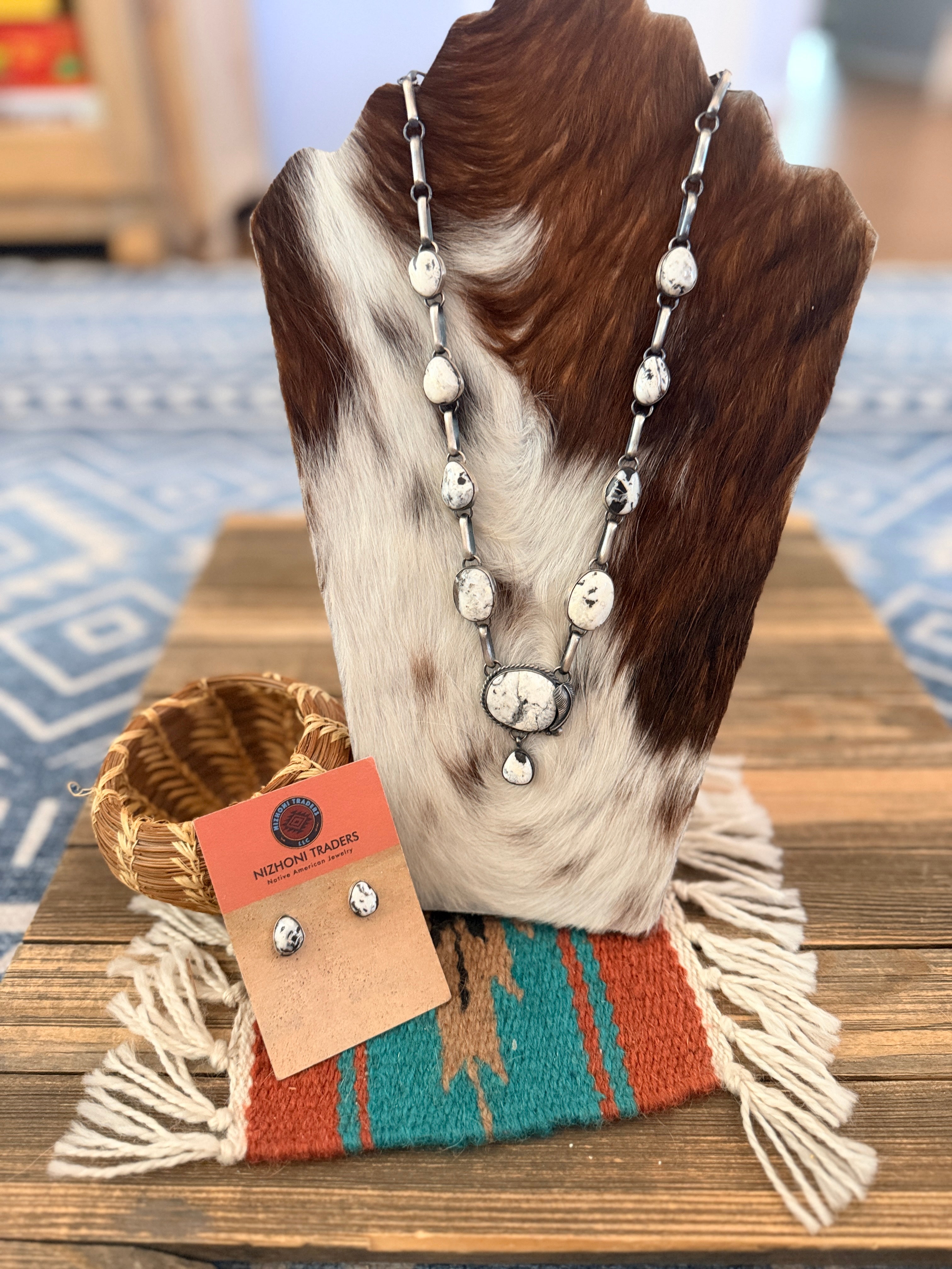 Handcrafted White Buffalo & Sterling Silver Necklace and Earring Set