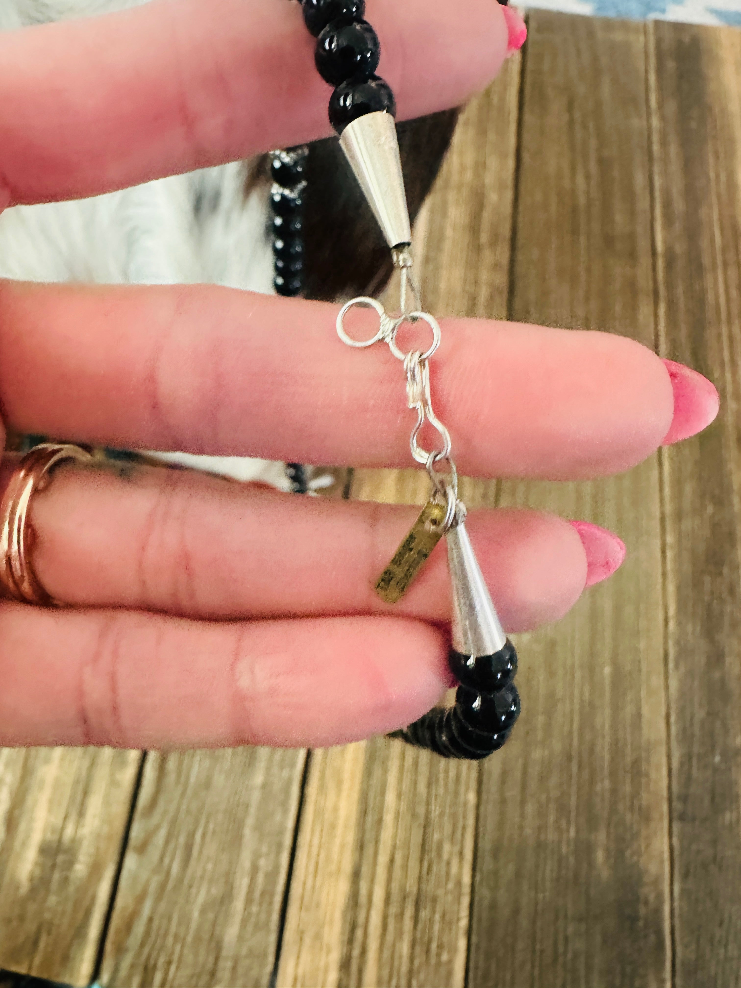 Handcrafted Black Onyx & Sterling Silver Beaded 18” Necklace by T & R Singer