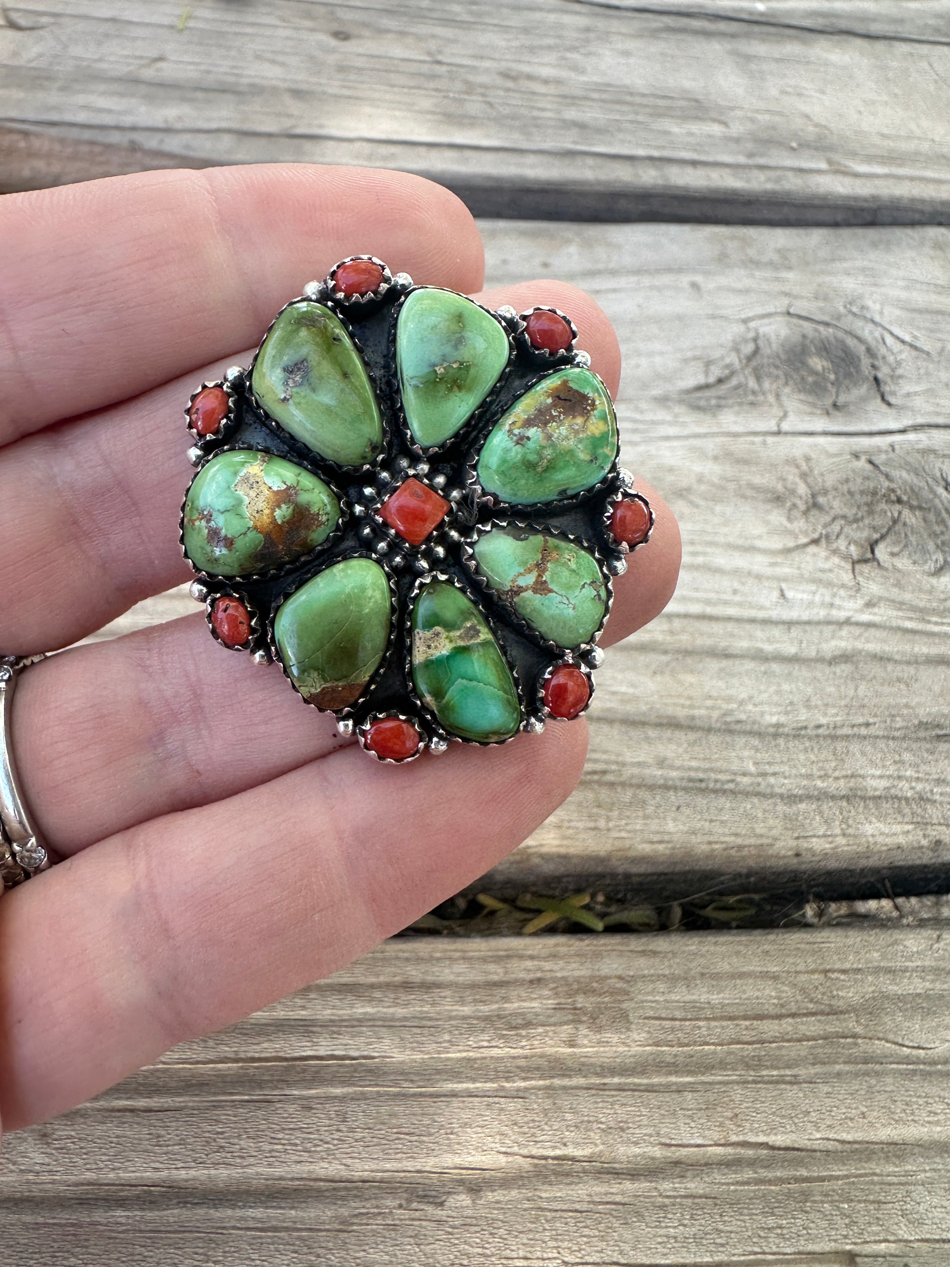 Beautiful Handmade Coral, Sonoran Turquoise And Sterling Silver Adjustable Ring 3