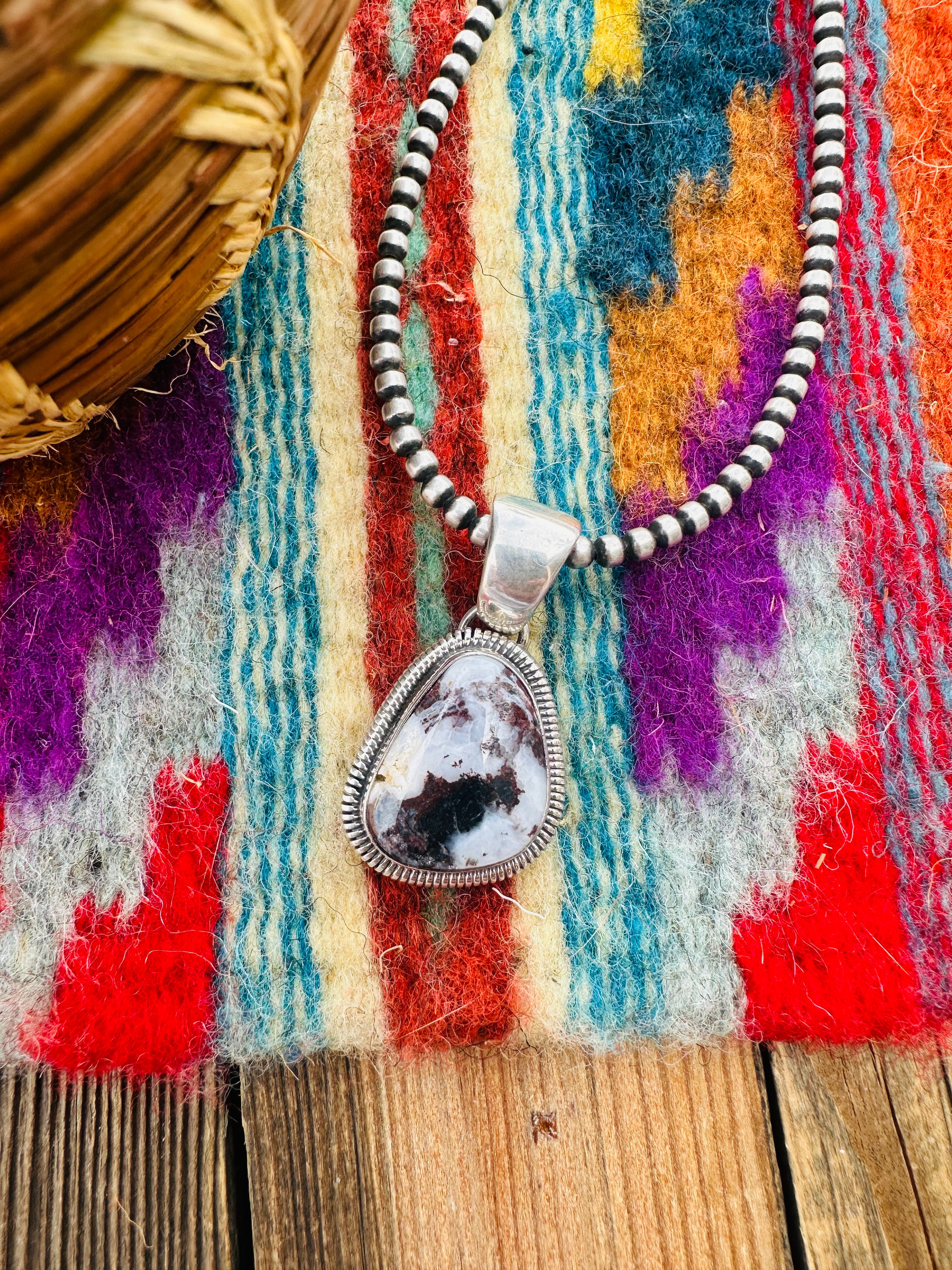 Handcrafted Sterling Silver & White Buffalo Pendant by Wydell Billie