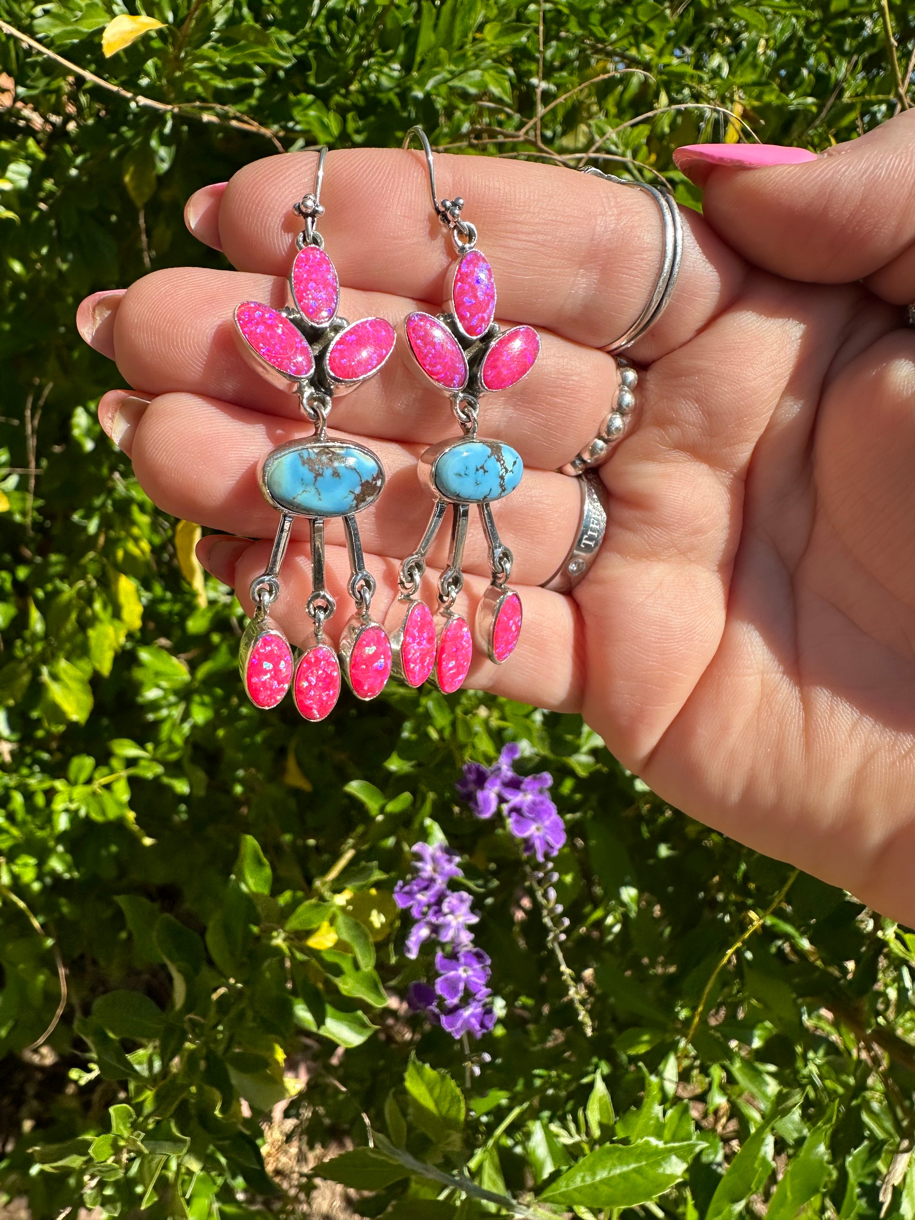 Handmade Natural Golden Hills Turquoise, Hot Pink Opal and Sterling Silver Dangle Earring