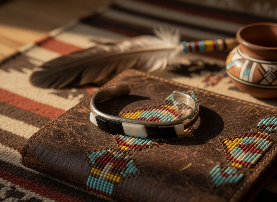 Handcrafted Onyx, Opal & Sterling Silver Inlay Cuff Bracelet