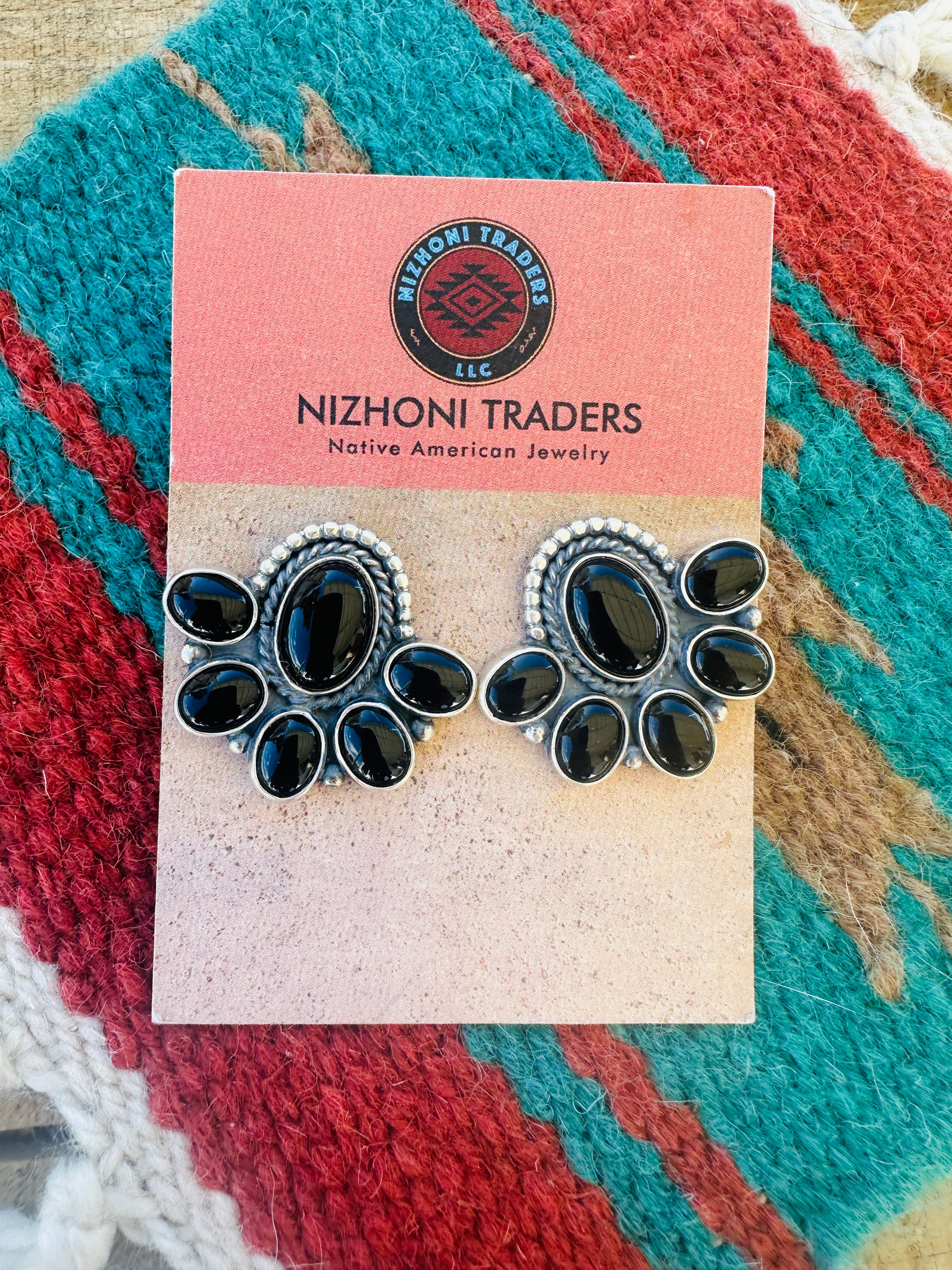 Navajo Black Onyx & Sterling Silver Cluster Post Earrings