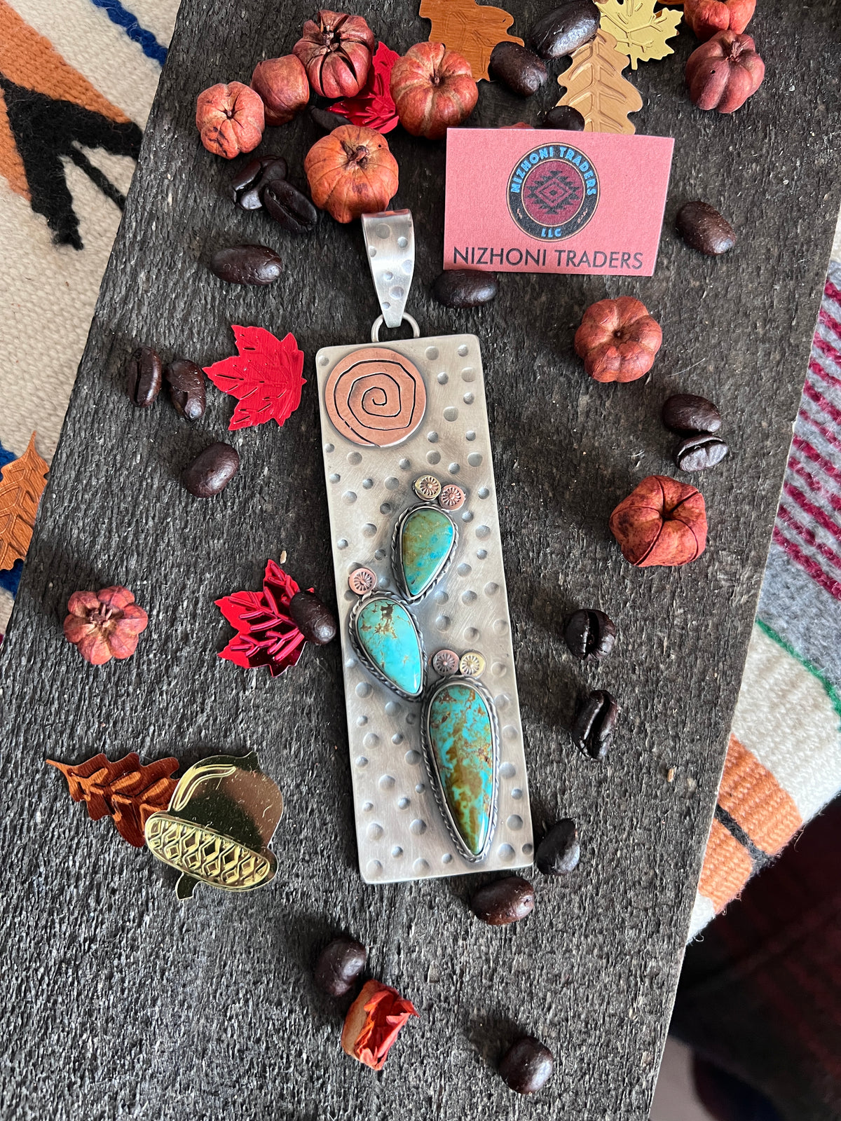 Kimari Somers Hand Stamped Sterling Silver, Copper, Brass & Kingman Turquoise Prickly Pear Cactus Sun Pendant