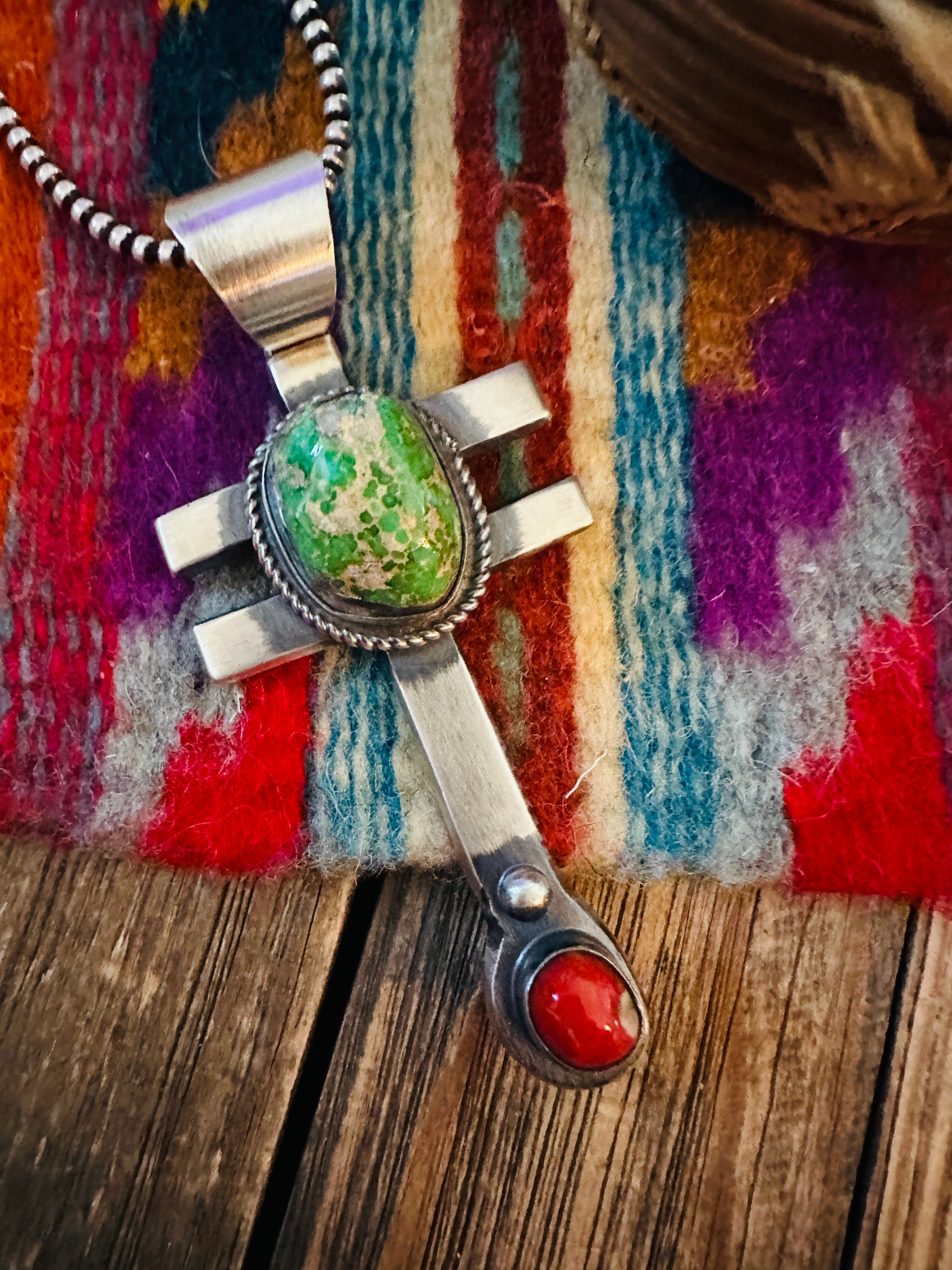 Handcrafted Sterling Silver, Turquoise & Coral Dragonfly Pendant by Chimney Butte