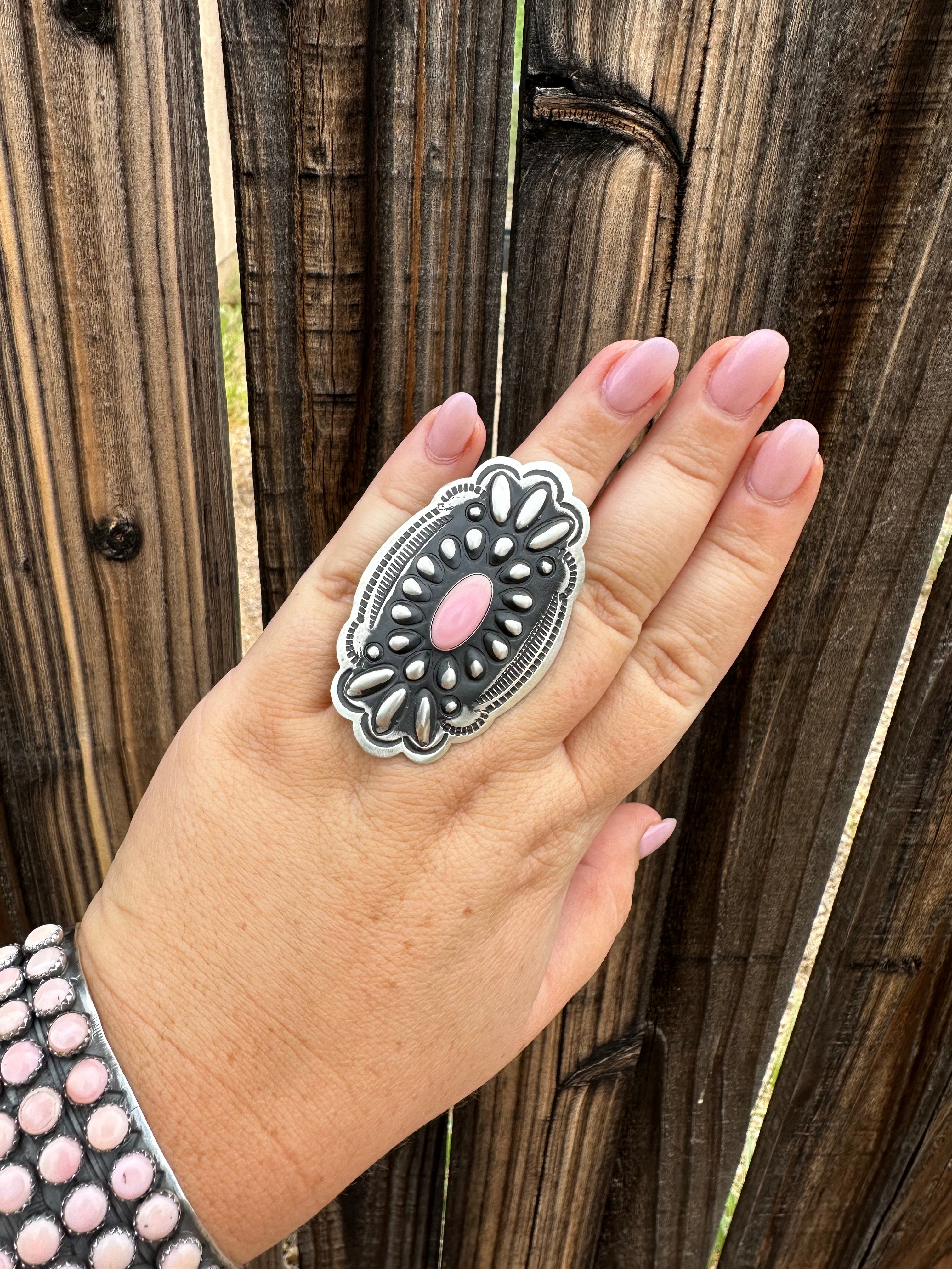 Navajo Sterling and Queen Pink Conch Shell Adjustable Ring Signed L Tahe