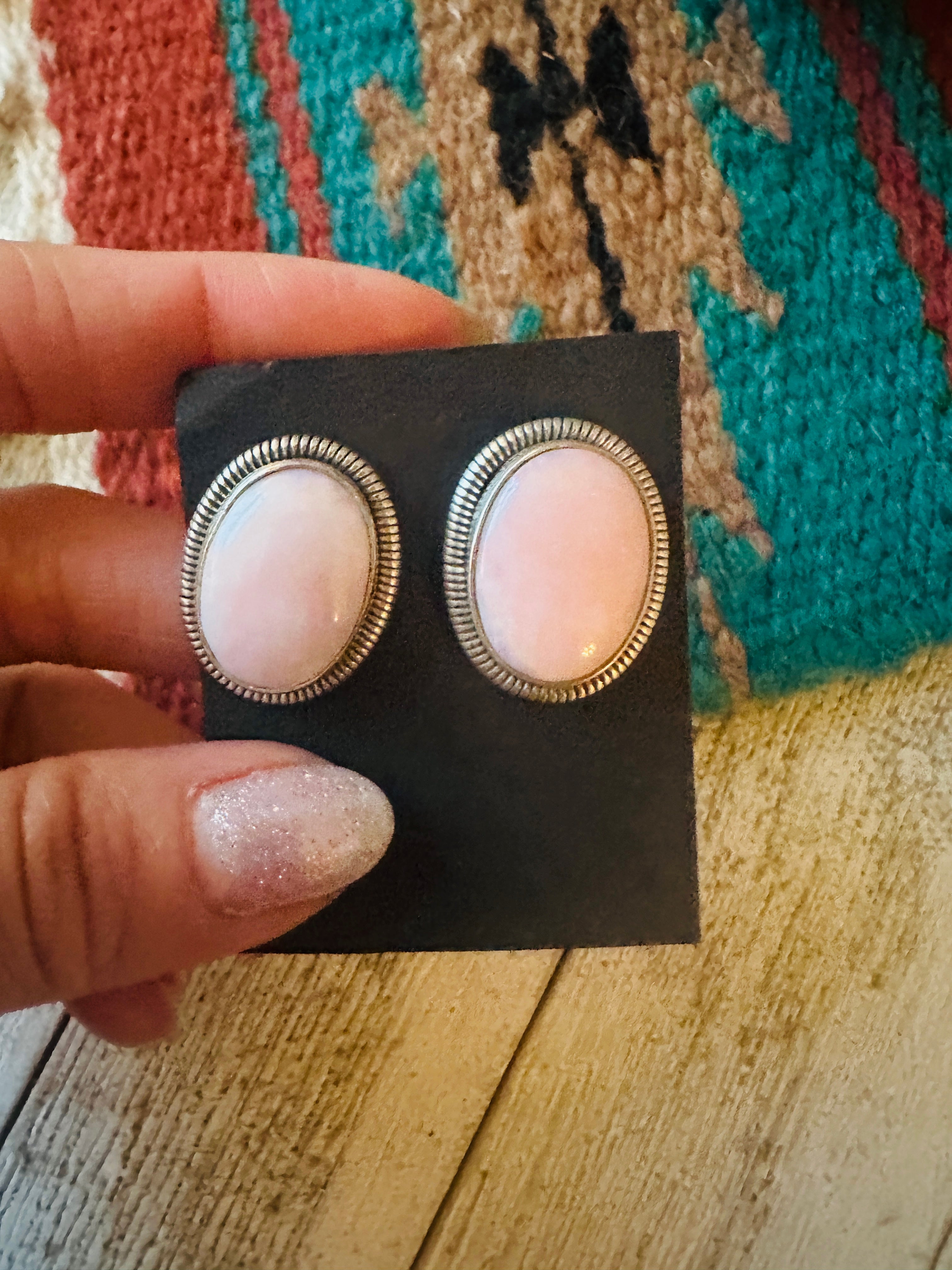 Navajo Sterling Silver & Queen Pink Conch Stud Earrings by Wydell Billie