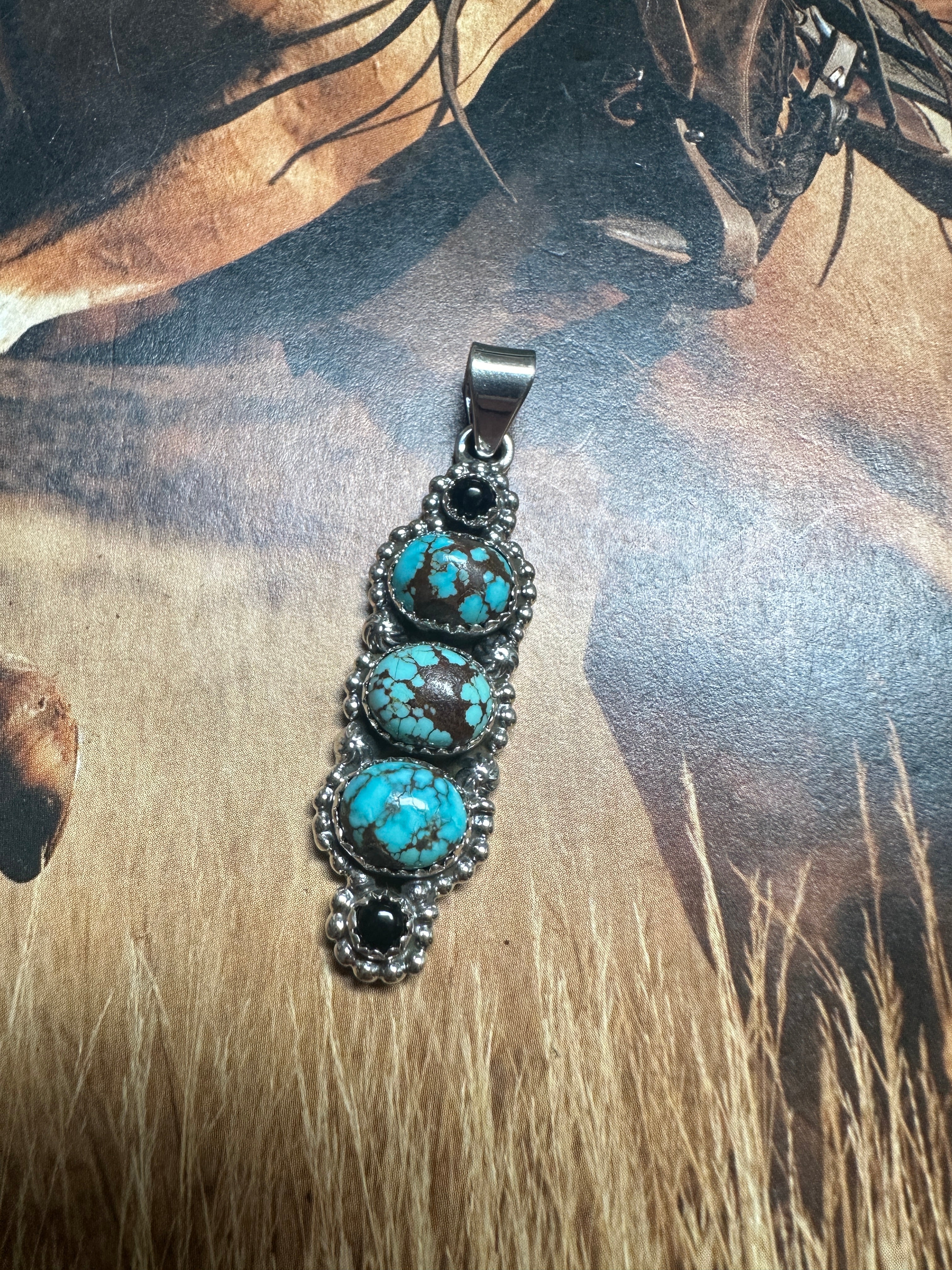 Beautiful Handmade Sterling Silver, White Buffalo & Number 8 Turquoise Pendant