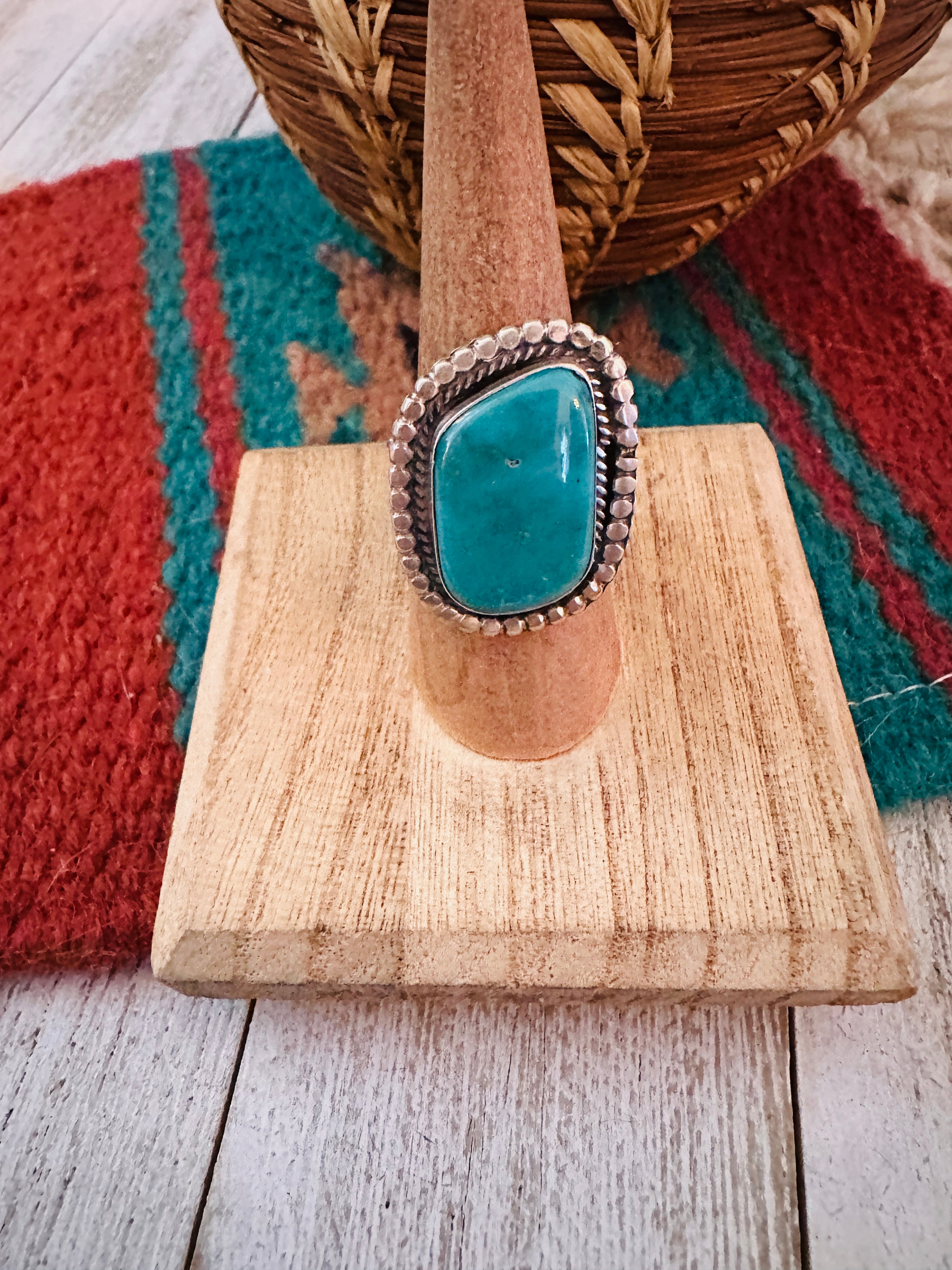 Navajo Sterling Silver & Kingman Turquoise Ring Size 7.5