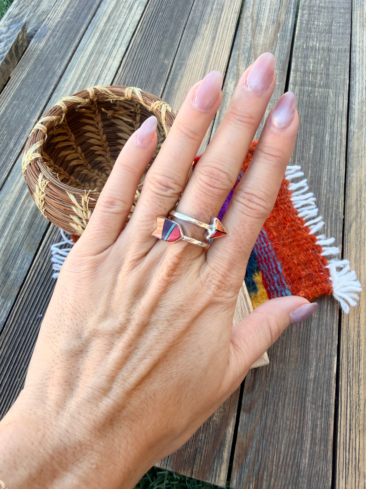 Handcrafted Sterling Silver, Spiny Oyster & Turquoise Inlay Adjustable Arrow Ring