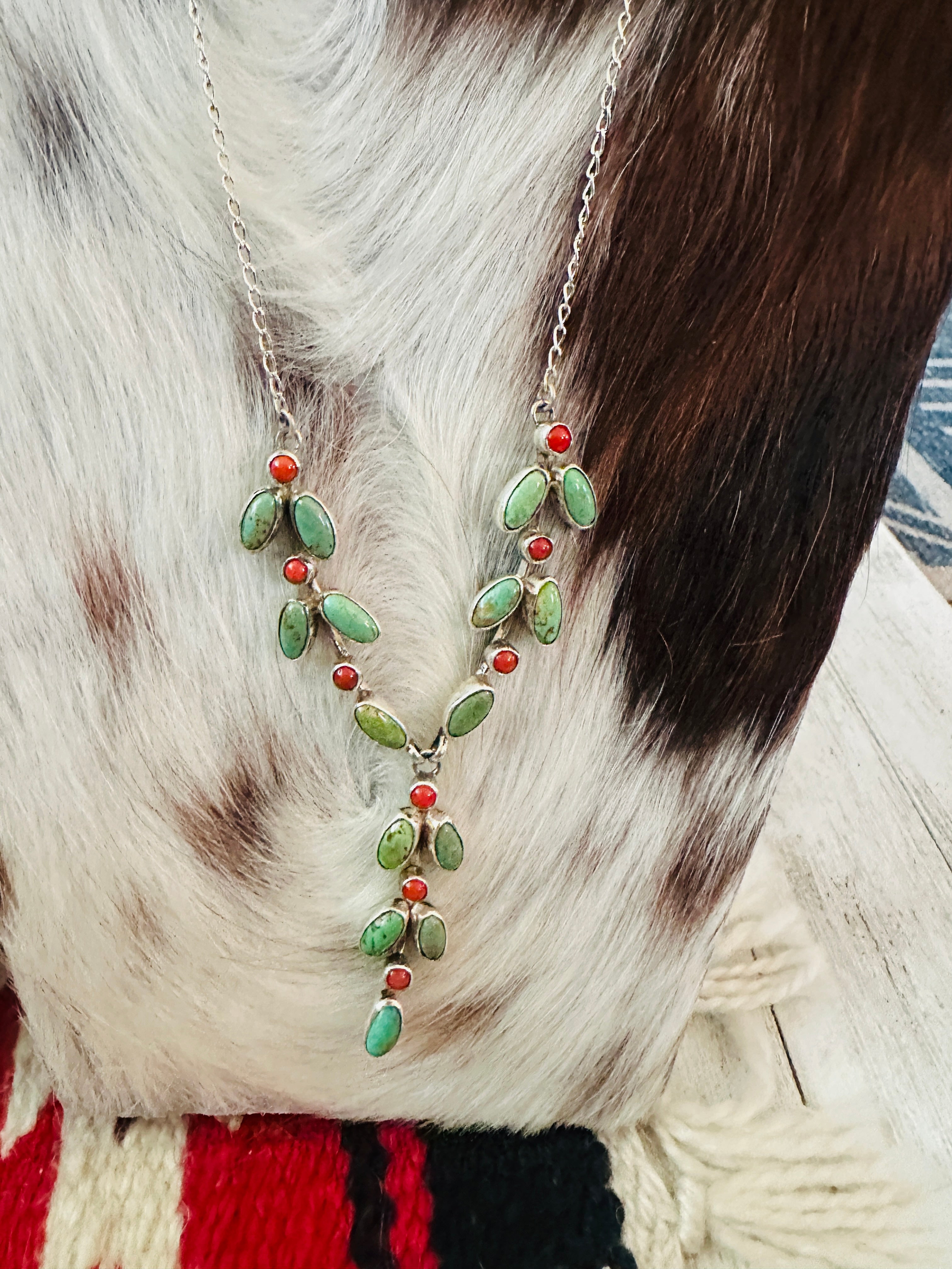 Handcrafted Turquoise, Coral & Sterling Silver Necklace