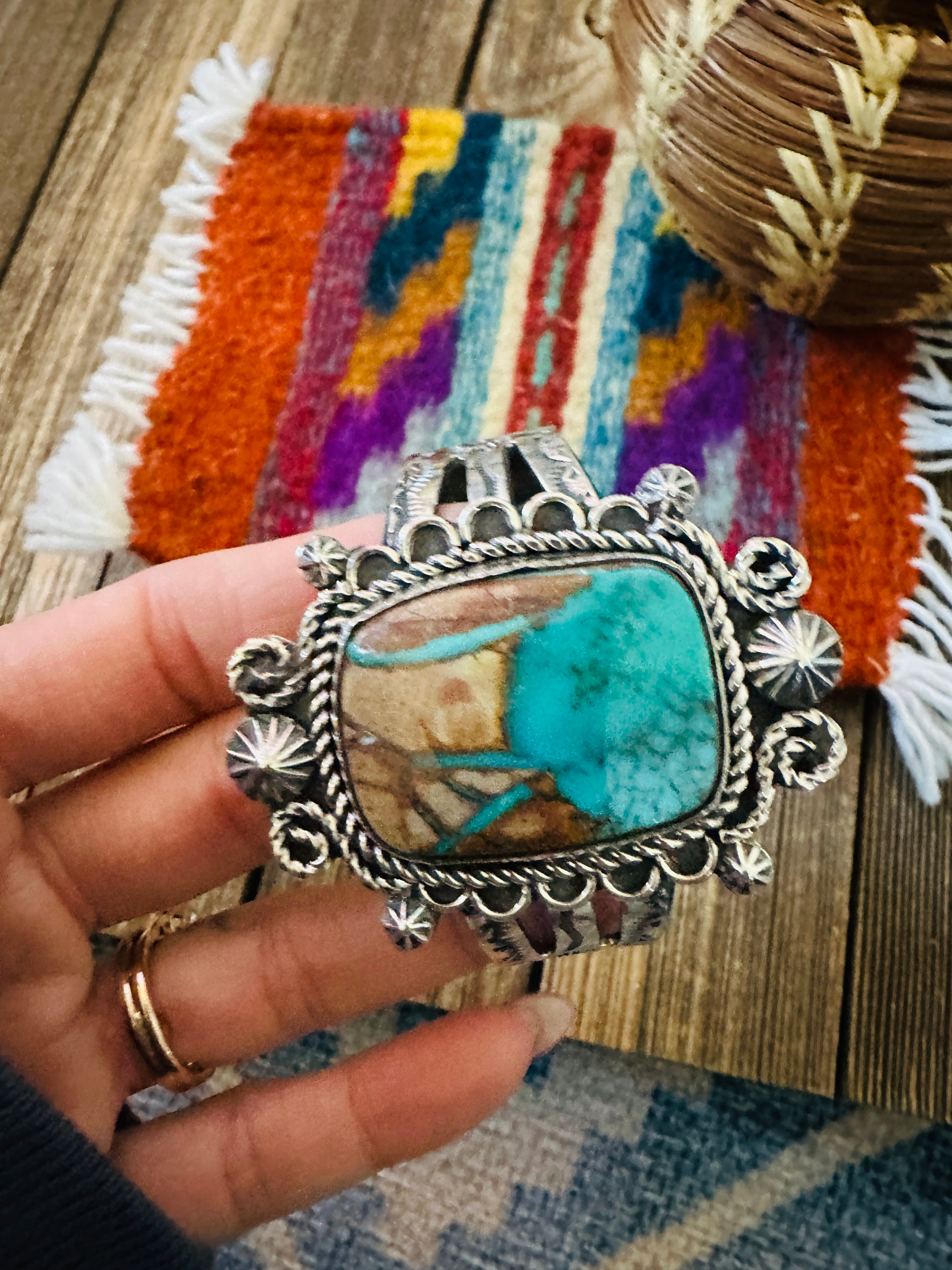 Handcrafted Pilot Mountain Turquoise & Sterling Silver Cuff Bracelet by Rosella Paxson