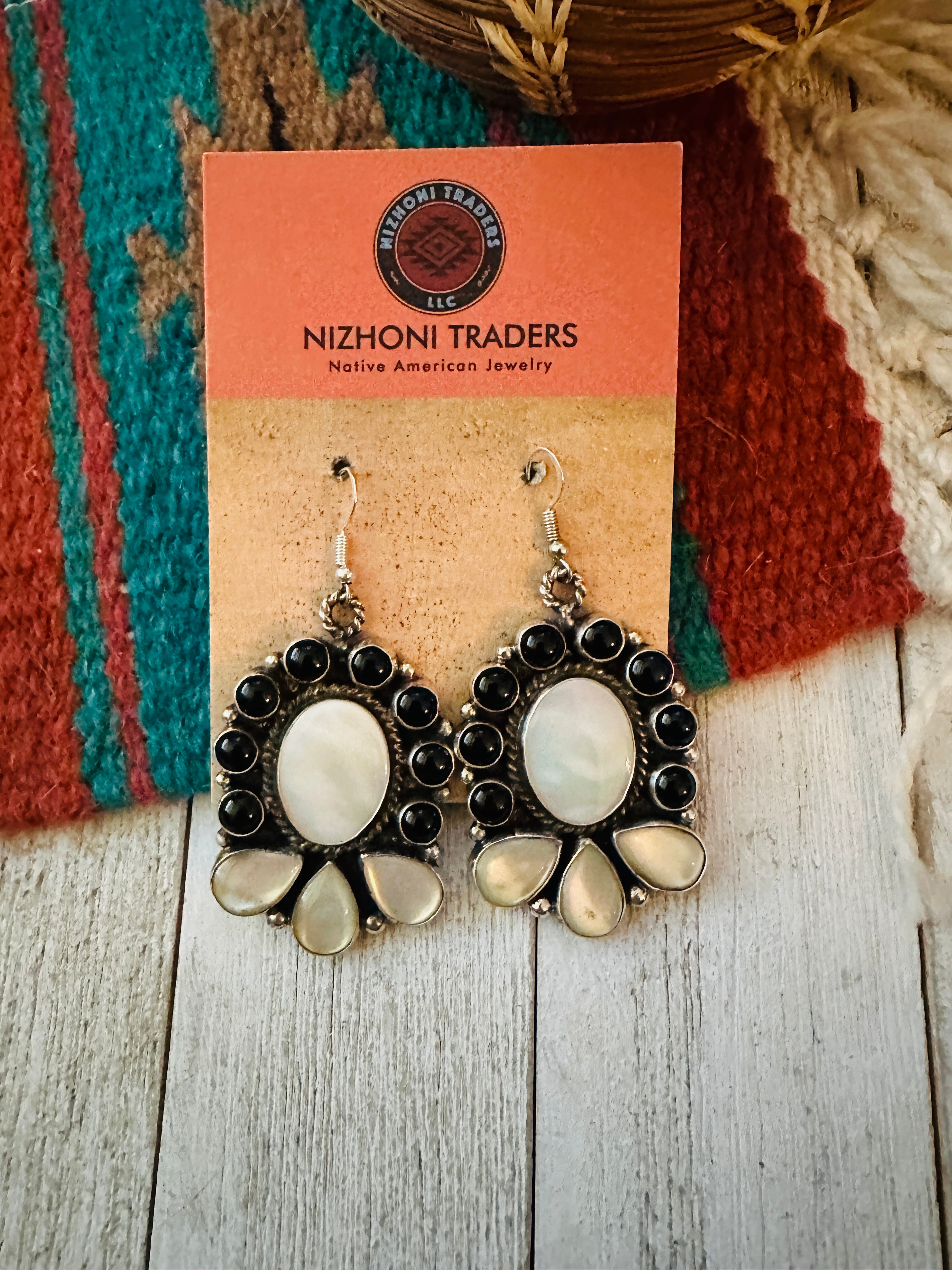 Navajo Mother of Pearl, Onyx & Sterling Silver Dangle Earrings