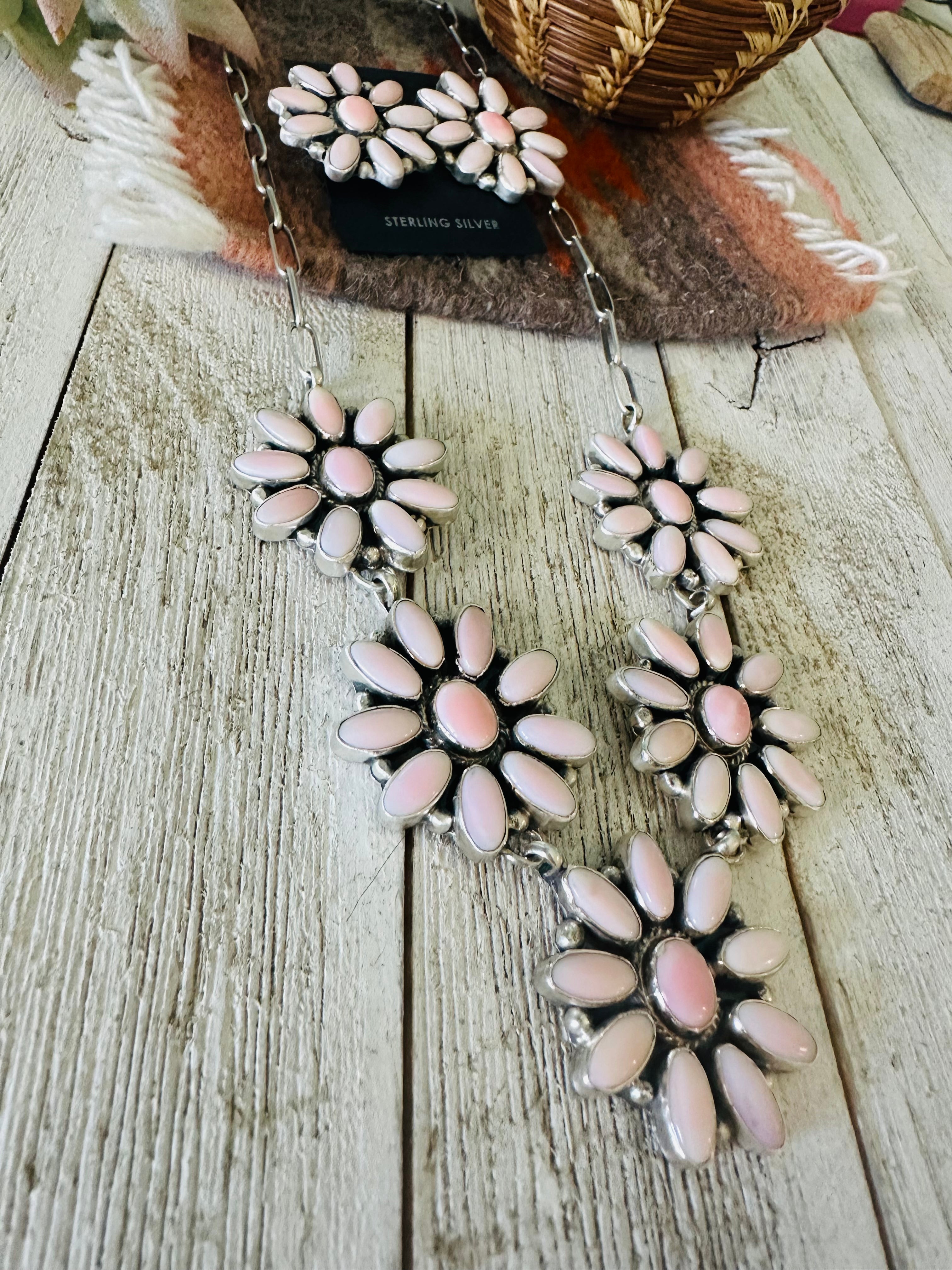 Navajo Queen Pink Conch & Sterling Silver Cluster Necklace Earrings Set