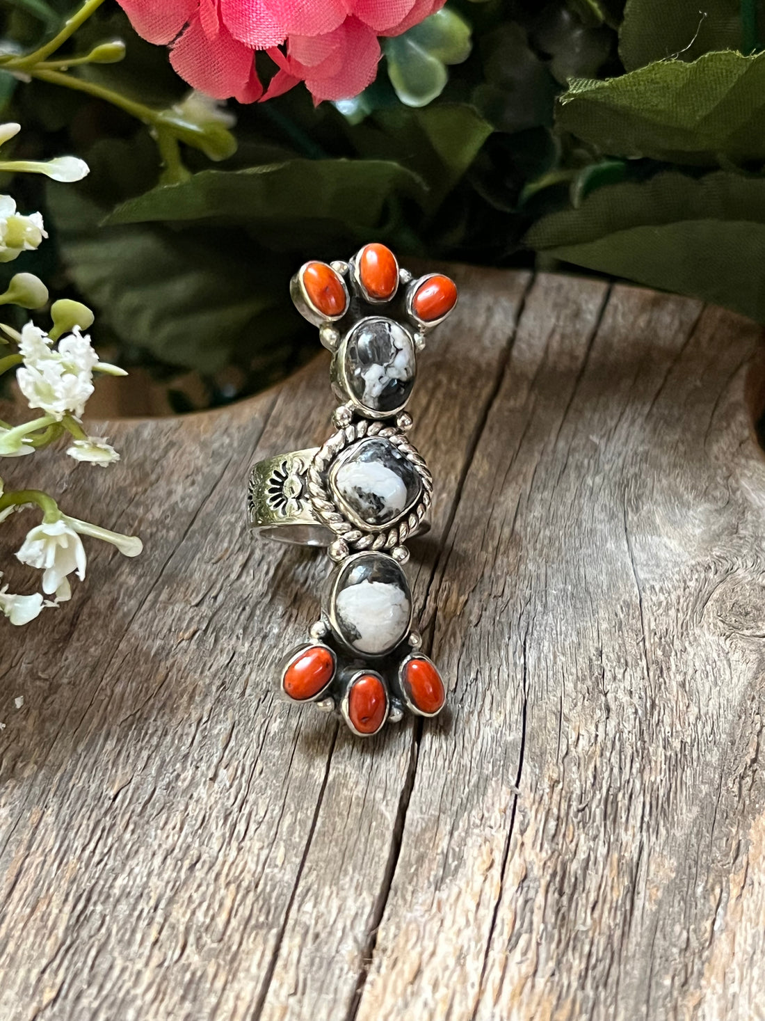 Handmade White Buffalo & Coral Stones Cluster Sterling Silver Adjustable Ring