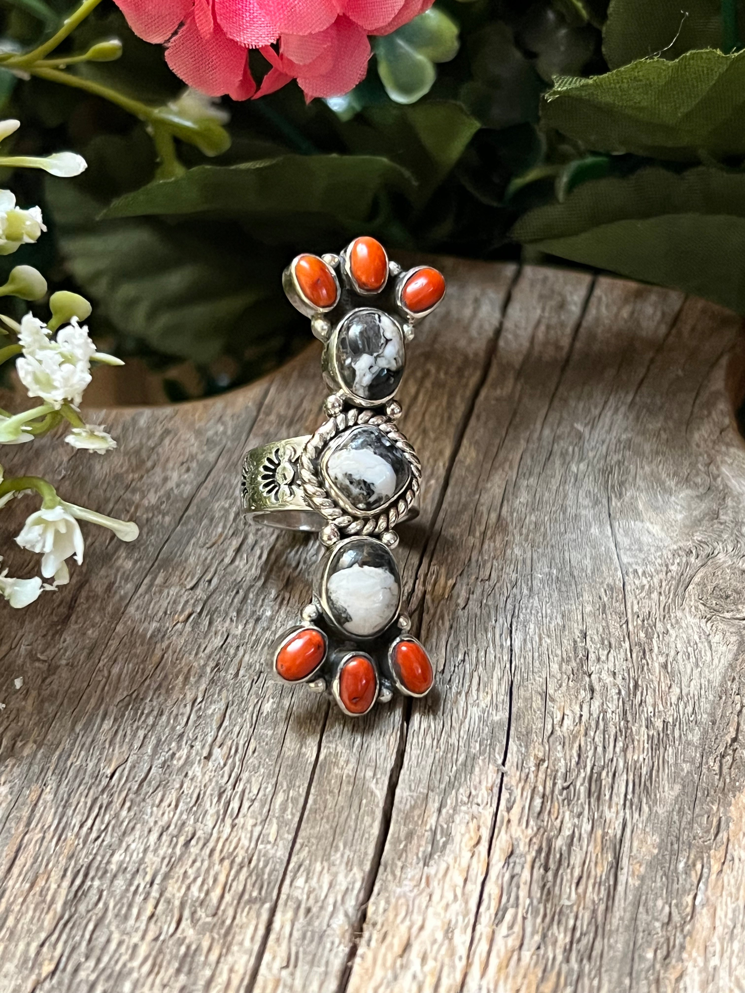 Handmade White Buffalo & Coral Stones Cluster Sterling Silver Adjustable Ring