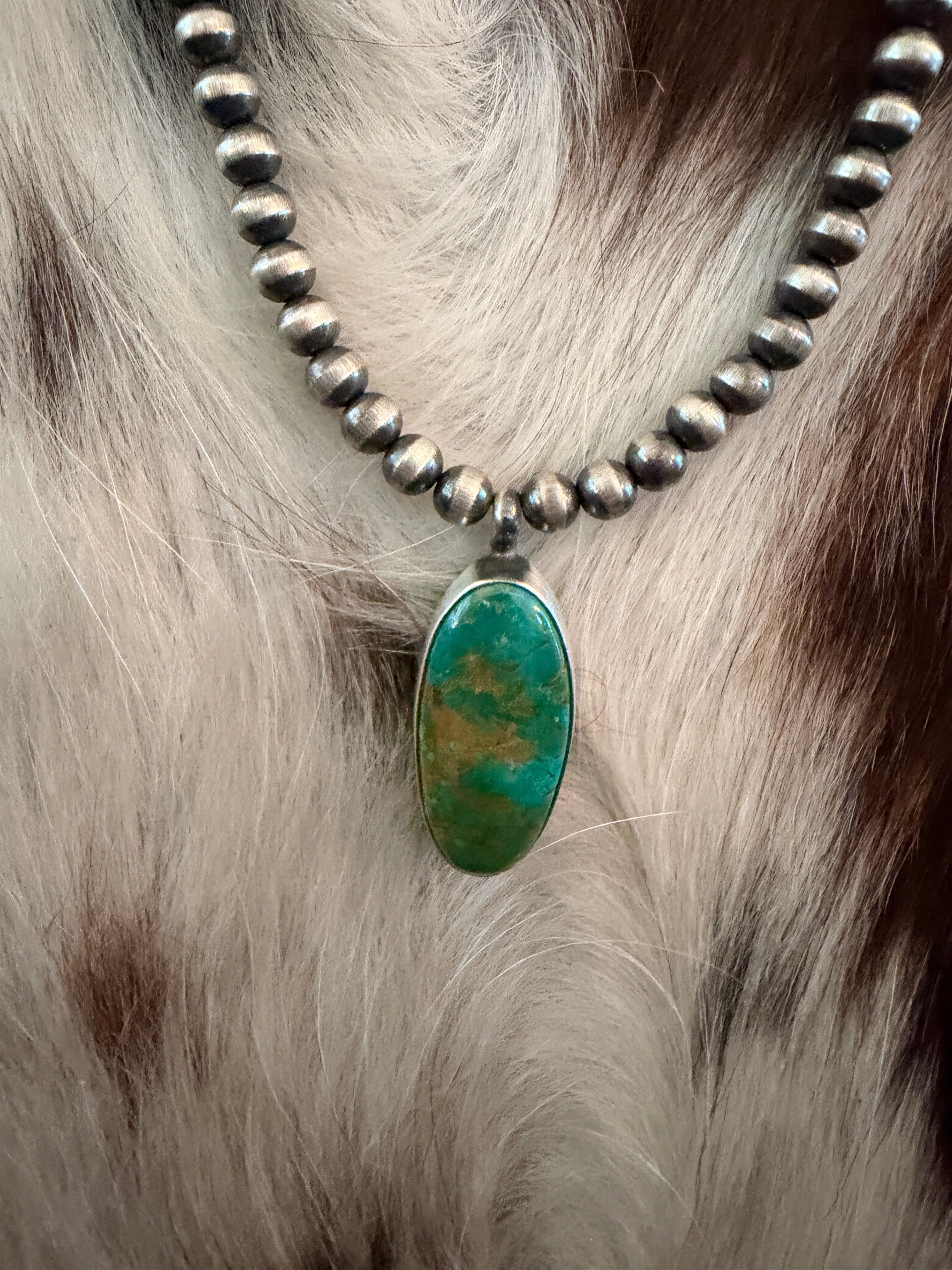 Handcrafted Turquoise & 5mm Sterling Silver Pearl 18” Beaded Necklace