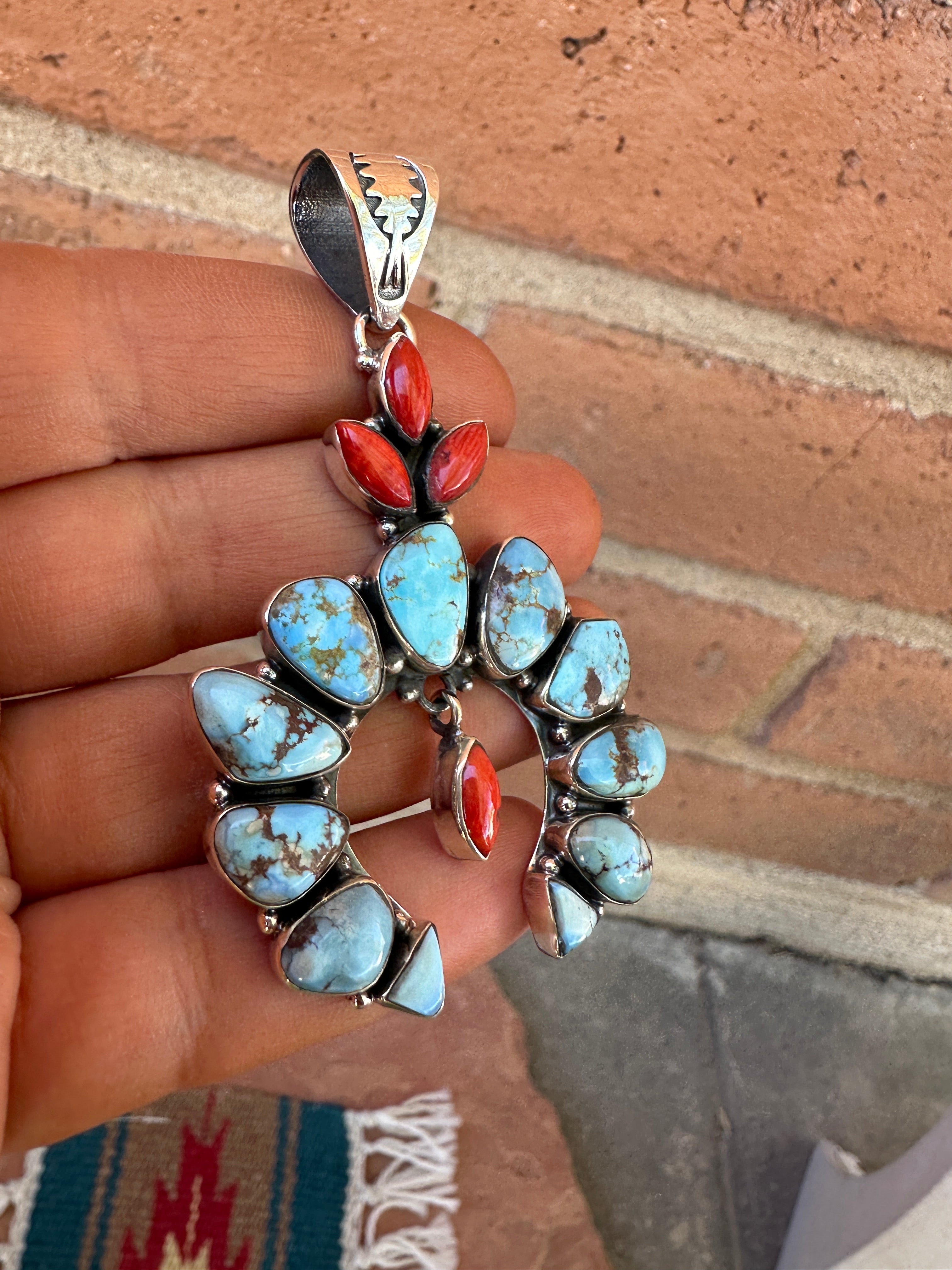 Beautiful Handmade Sterling Silver, Coral & Golden Hills Turquoise Naja Pendant