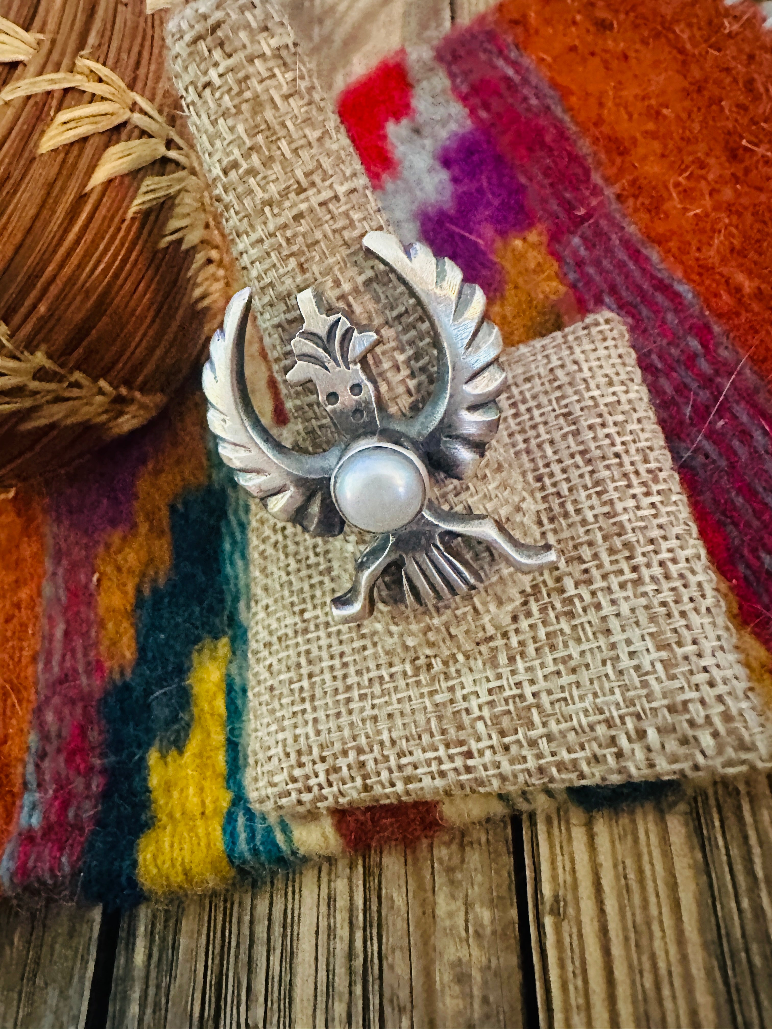 Handcrafted Pearl & Sterling Silver Thunderbird Ring size 10 by Chimney Butte