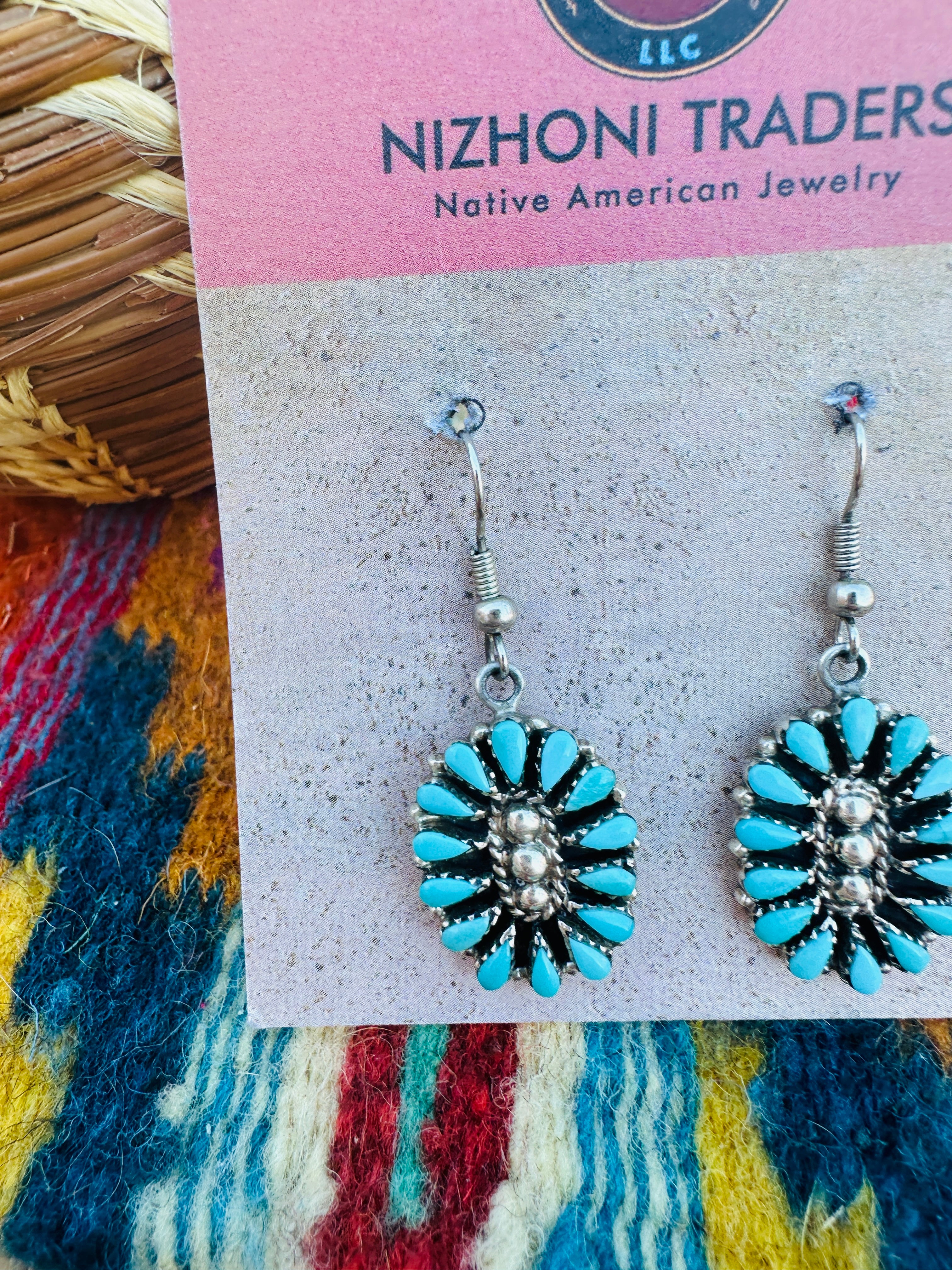 Handcrafted Old Pawn Sterling Silver & Turquoise Cluster Dangle Earrings