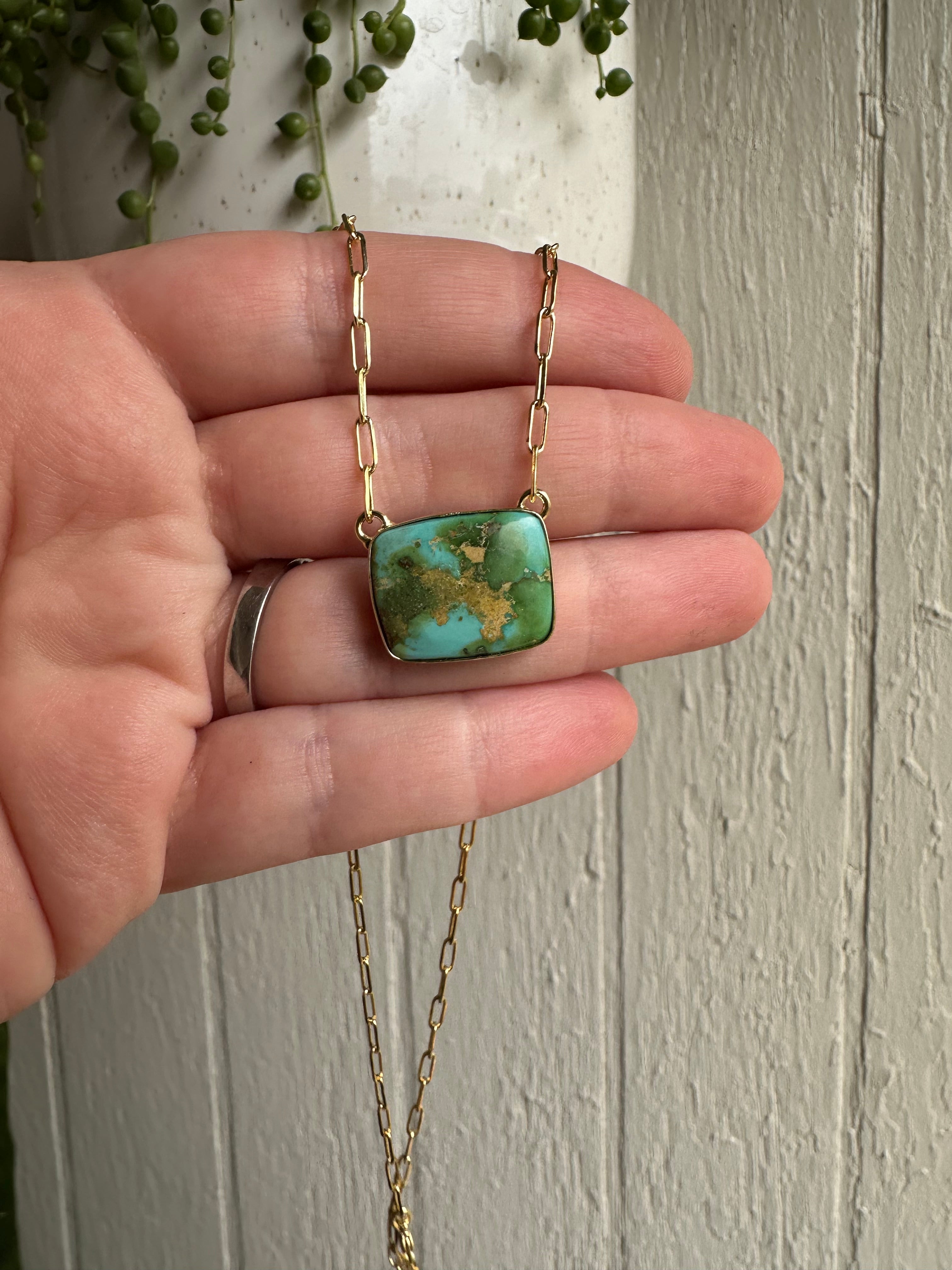 “The Golden Collection” GOLDEN MORNING Handmade Natural Sonoran Turquoise 14k Gold Plated Square Necklace