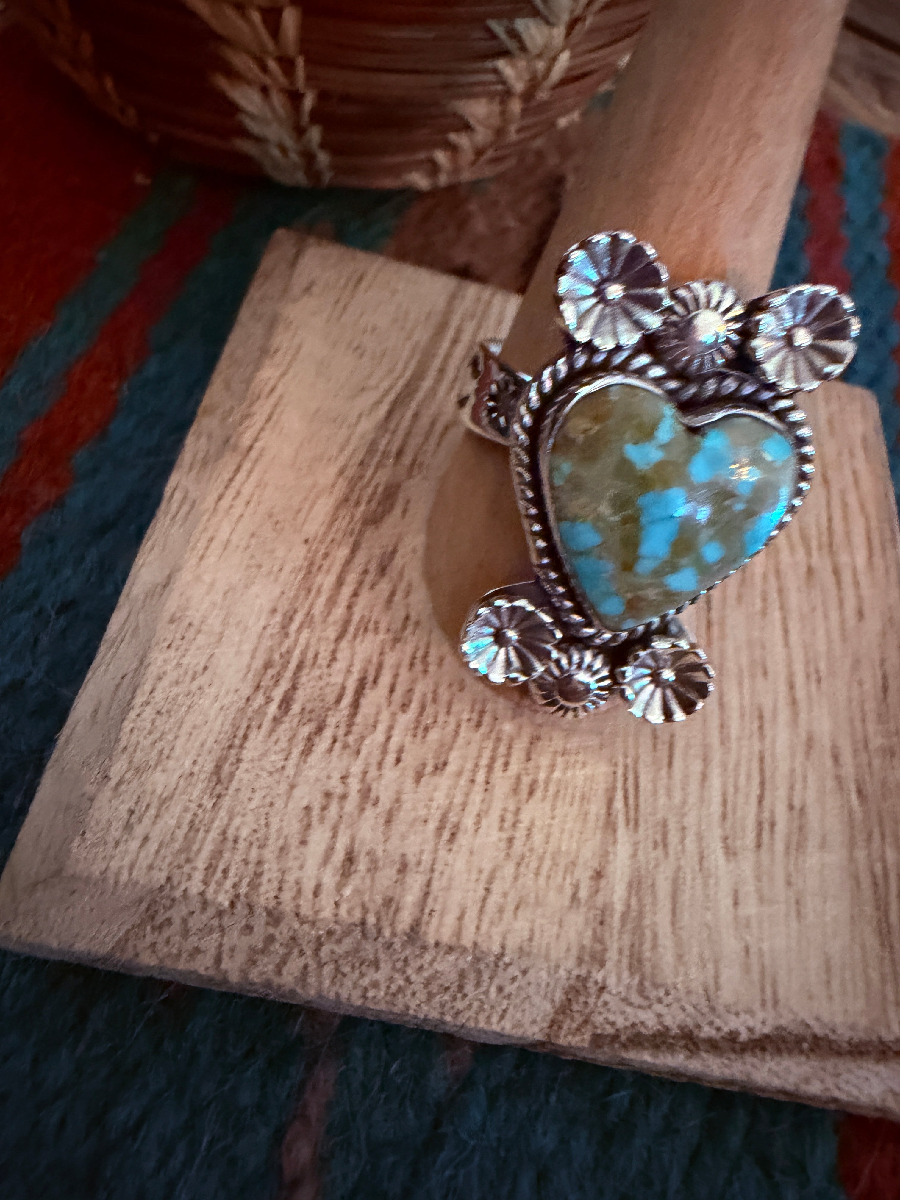 Handmade Sterling Silver Number 8 Turquoise Adjustable Heart Ring Signed Nizhoni