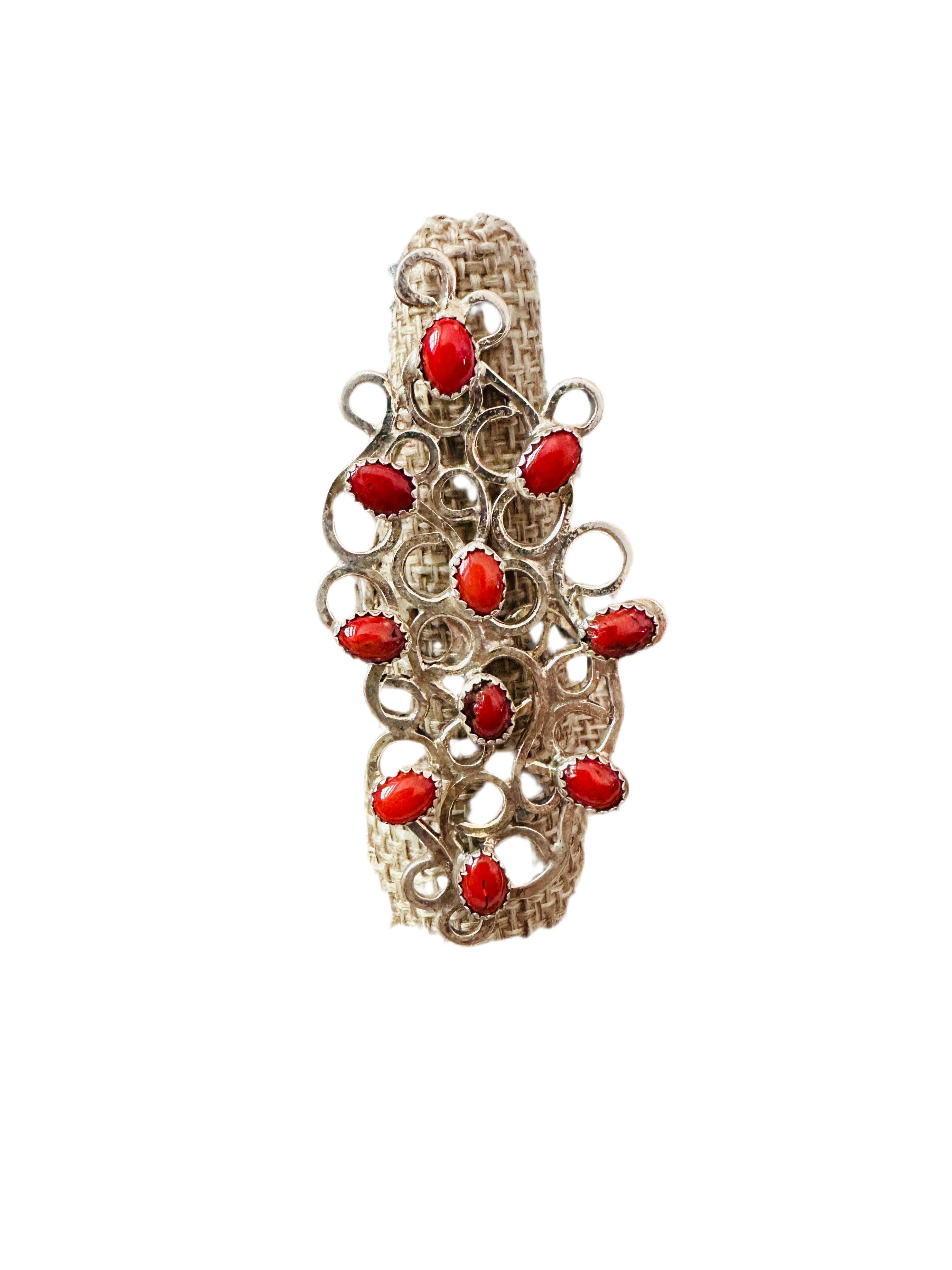 Handcrafted Sterling Silver & Coral Abstract Statement Ring Size 8.5