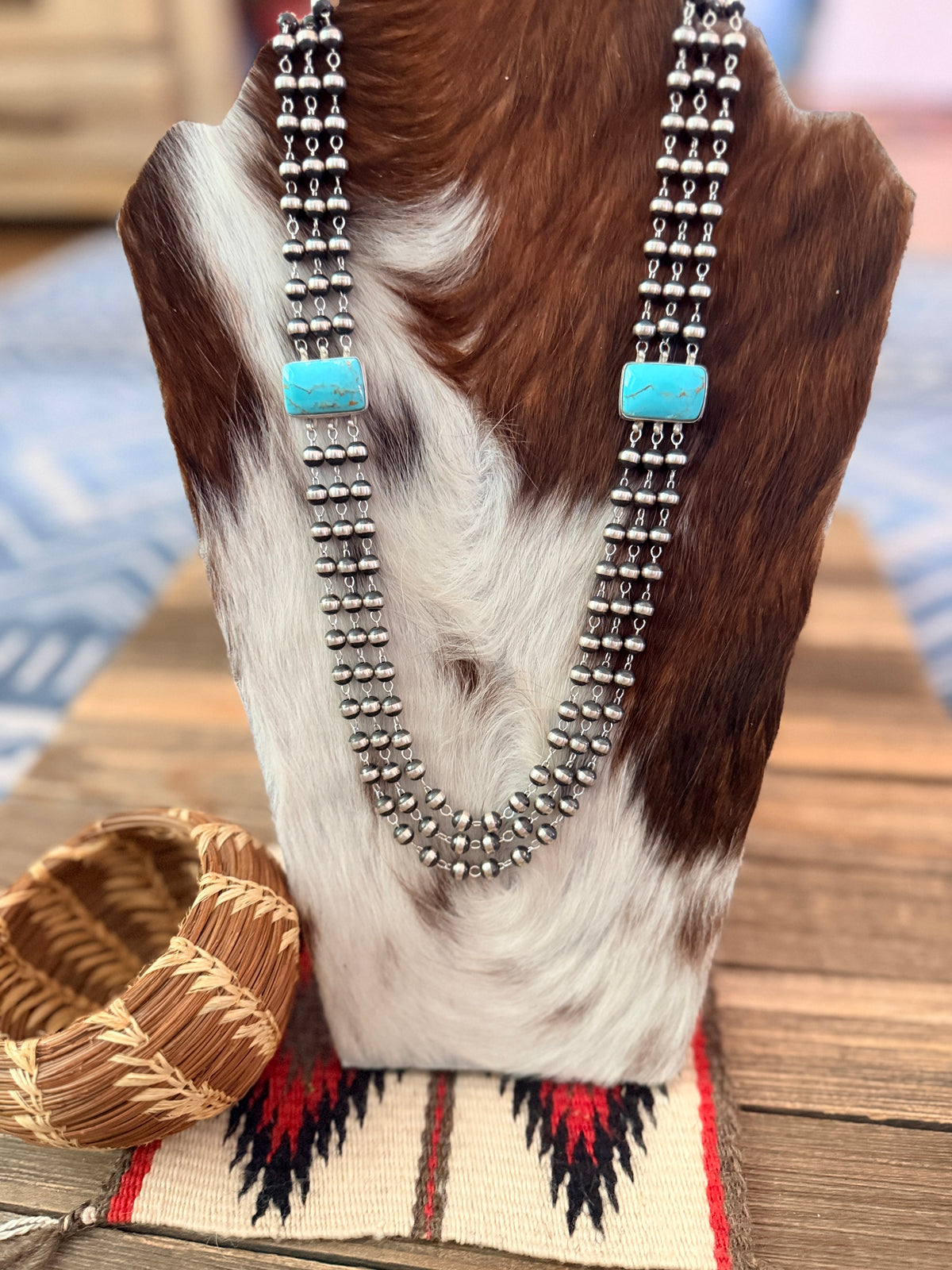 Handcrafted Turquoise & Sterling Silver Pearl Triple-Strand Beaded Necklace
