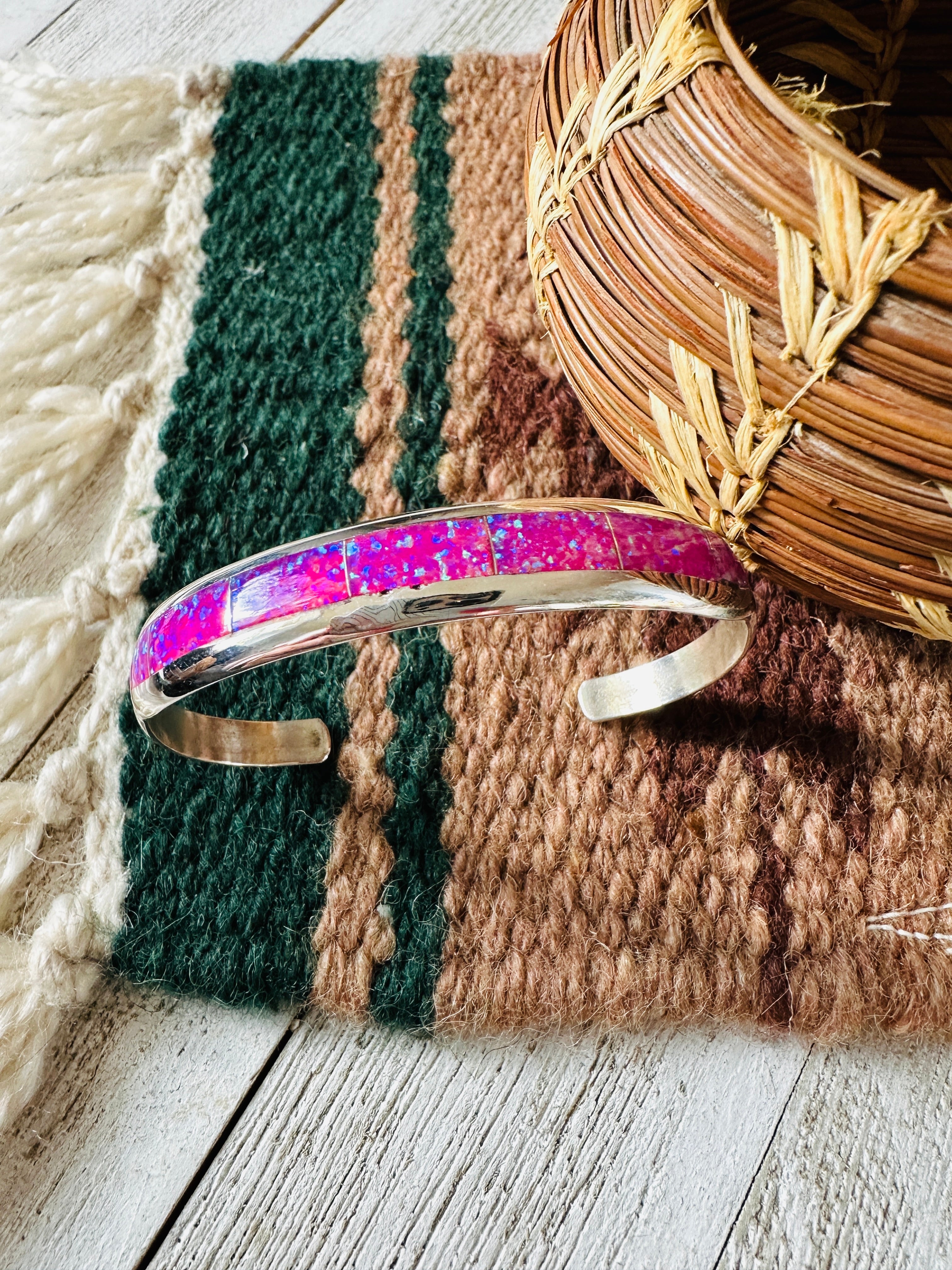 Navajo Sterling Silver & Pink Opal Inlay Cuff Bracelet