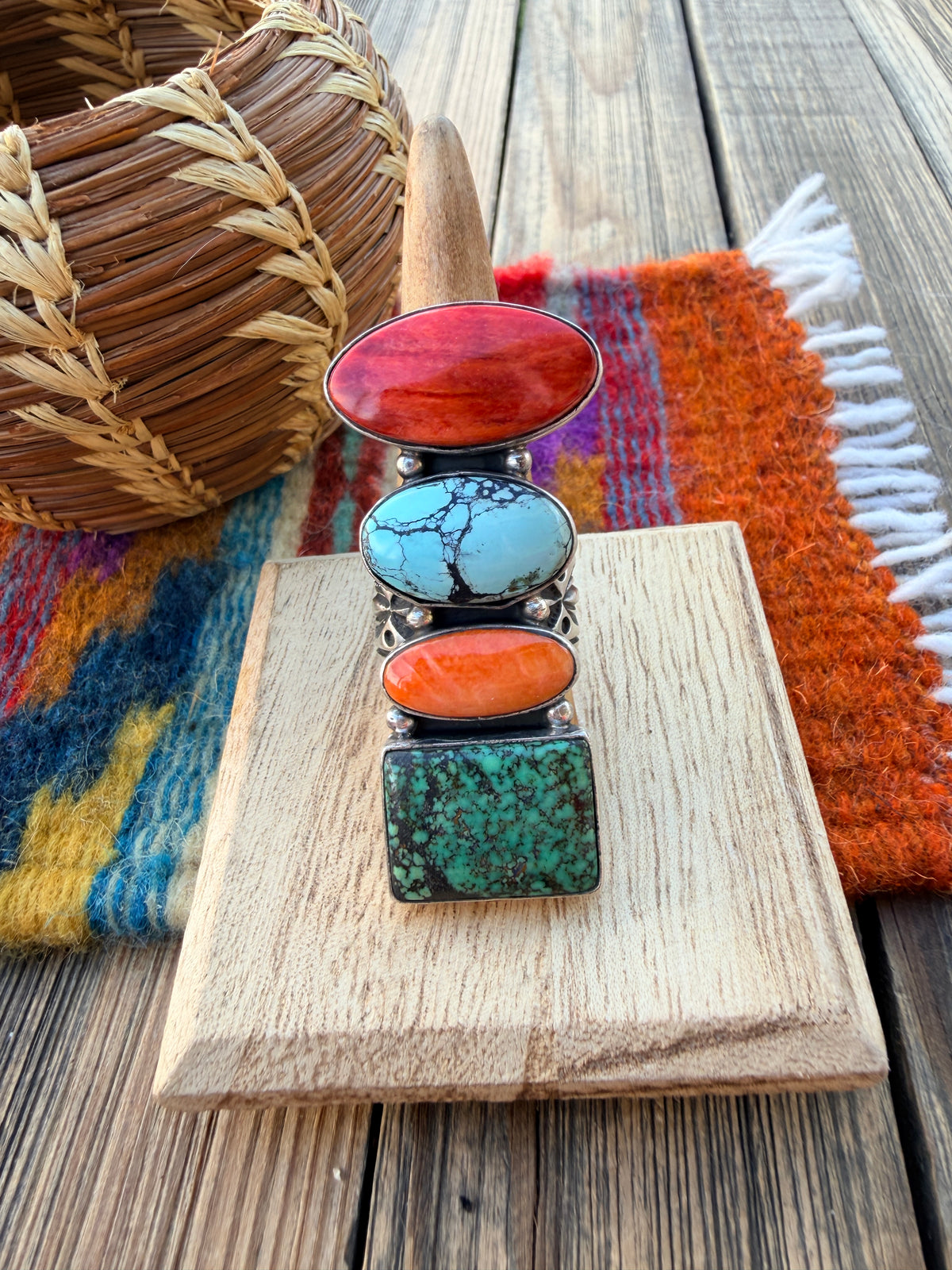 Handcrafted Spiny Oyster, Turquoise & Sterling Silver Adjustable Ring