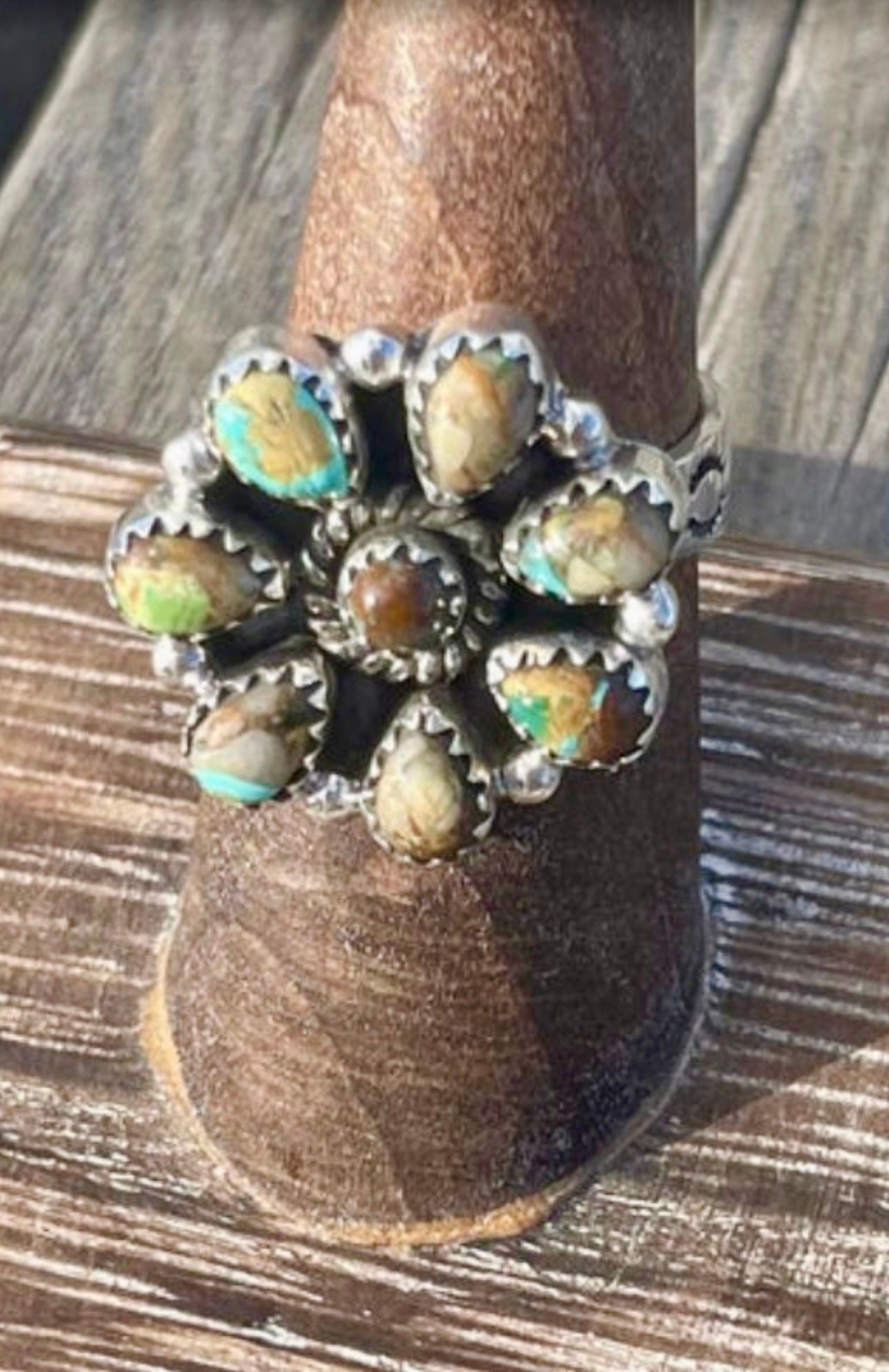 Handmade Sterling Silver And Turquoise Cluster Adjustable Ring Signed Nizhoni 7/8”