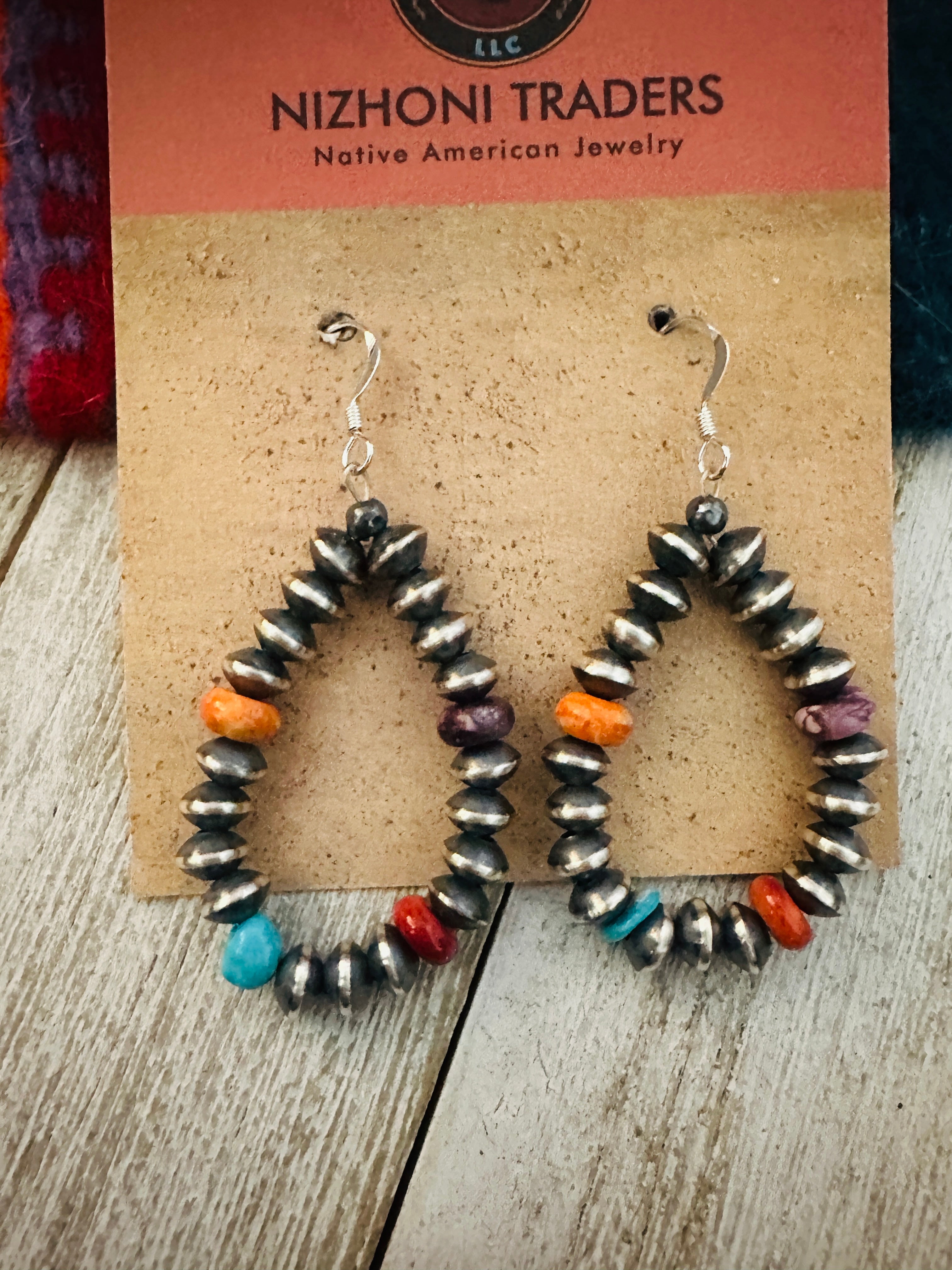 Navajo Multi Stone & Sterling Silver Beaded Hoop Earrings