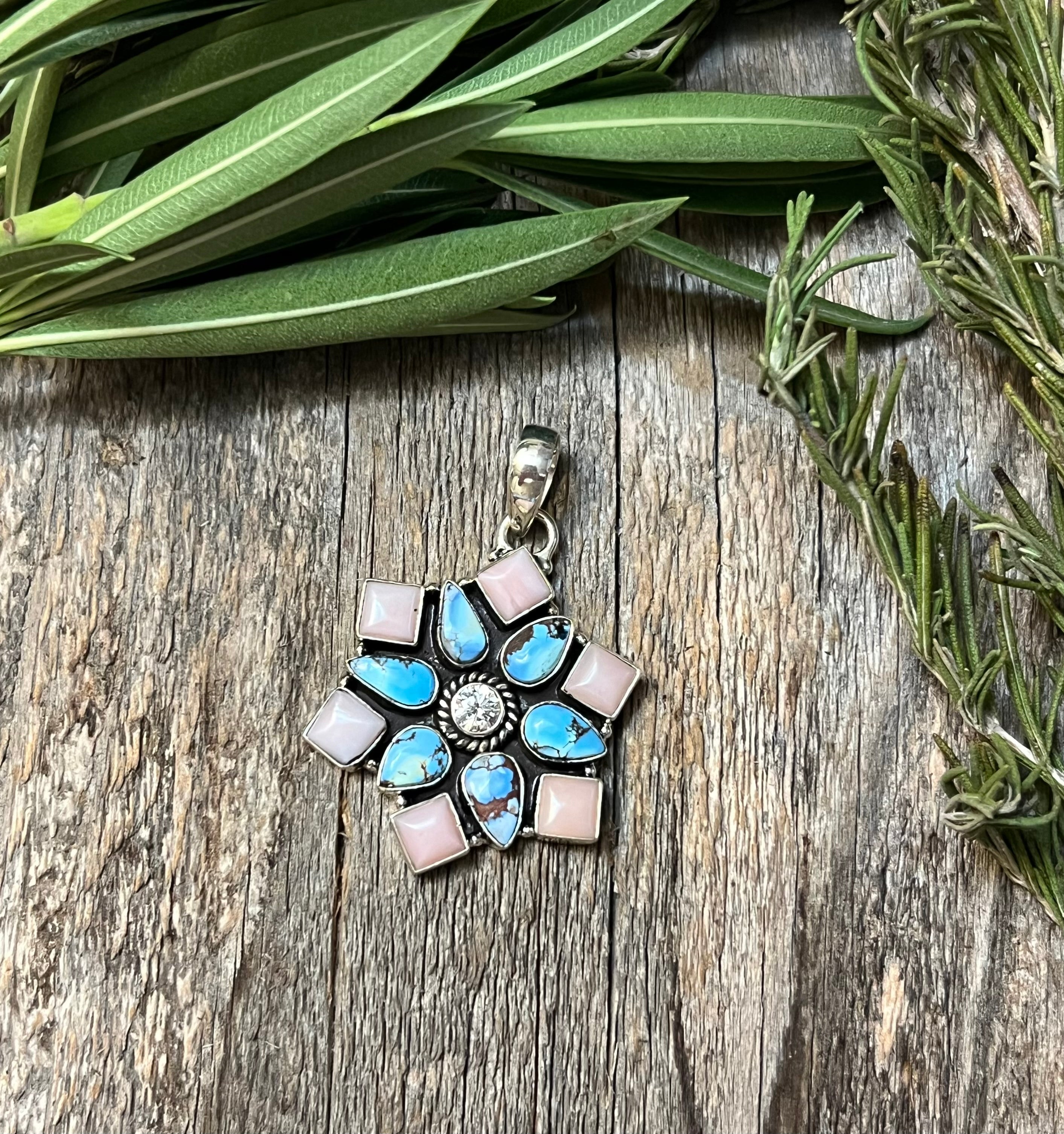 Handmade Sterling Silver Golden Hills Turquoise & Pink Conch CZ Pendant