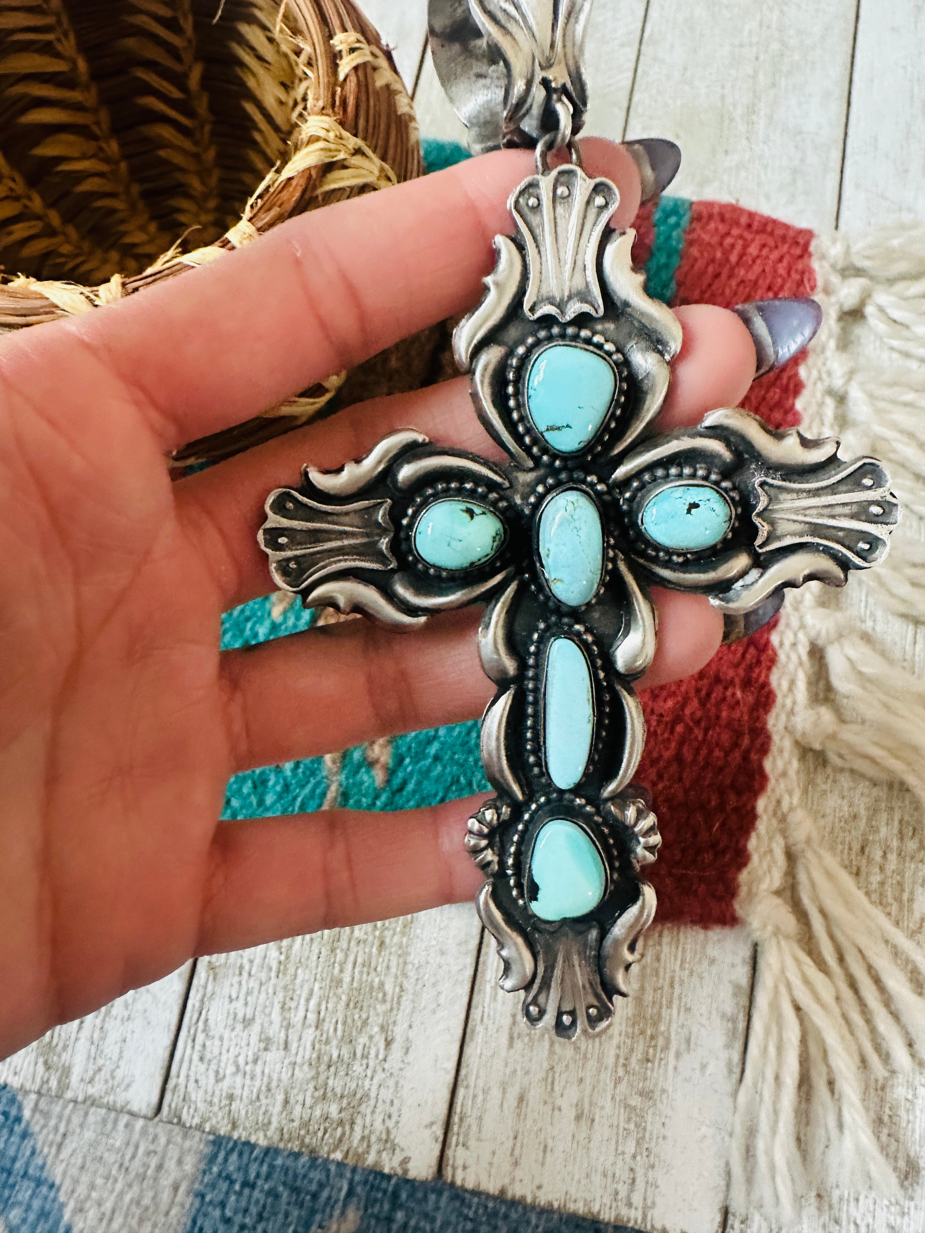 Handcrafted Sterling Silver & Turquoise Cross Pendant by Shawn Cayatineto