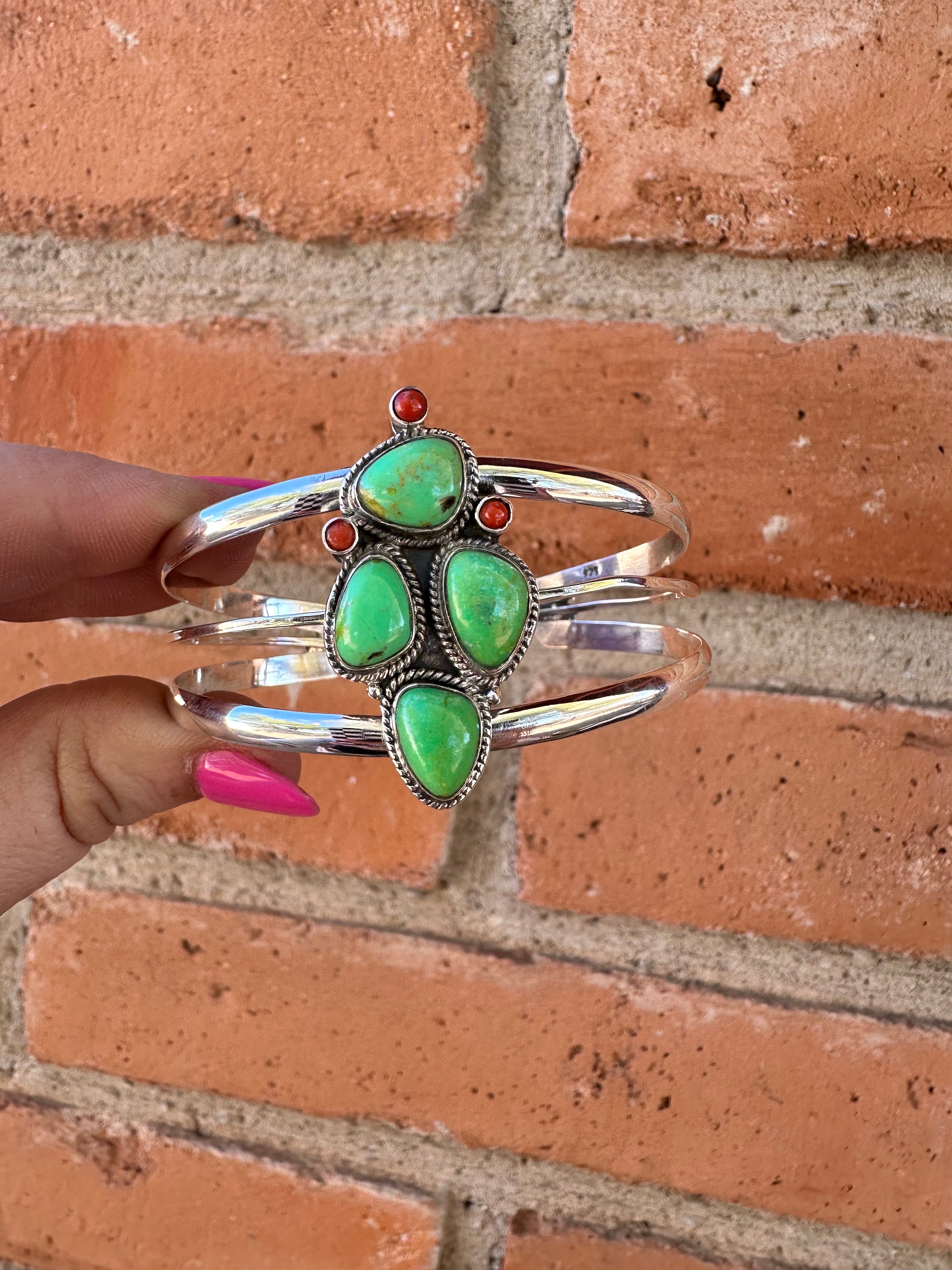 Handmade Sterling Silver, Coral & Dyed Kingman Turquoise Cactus Adjustable Cuff Bracelet