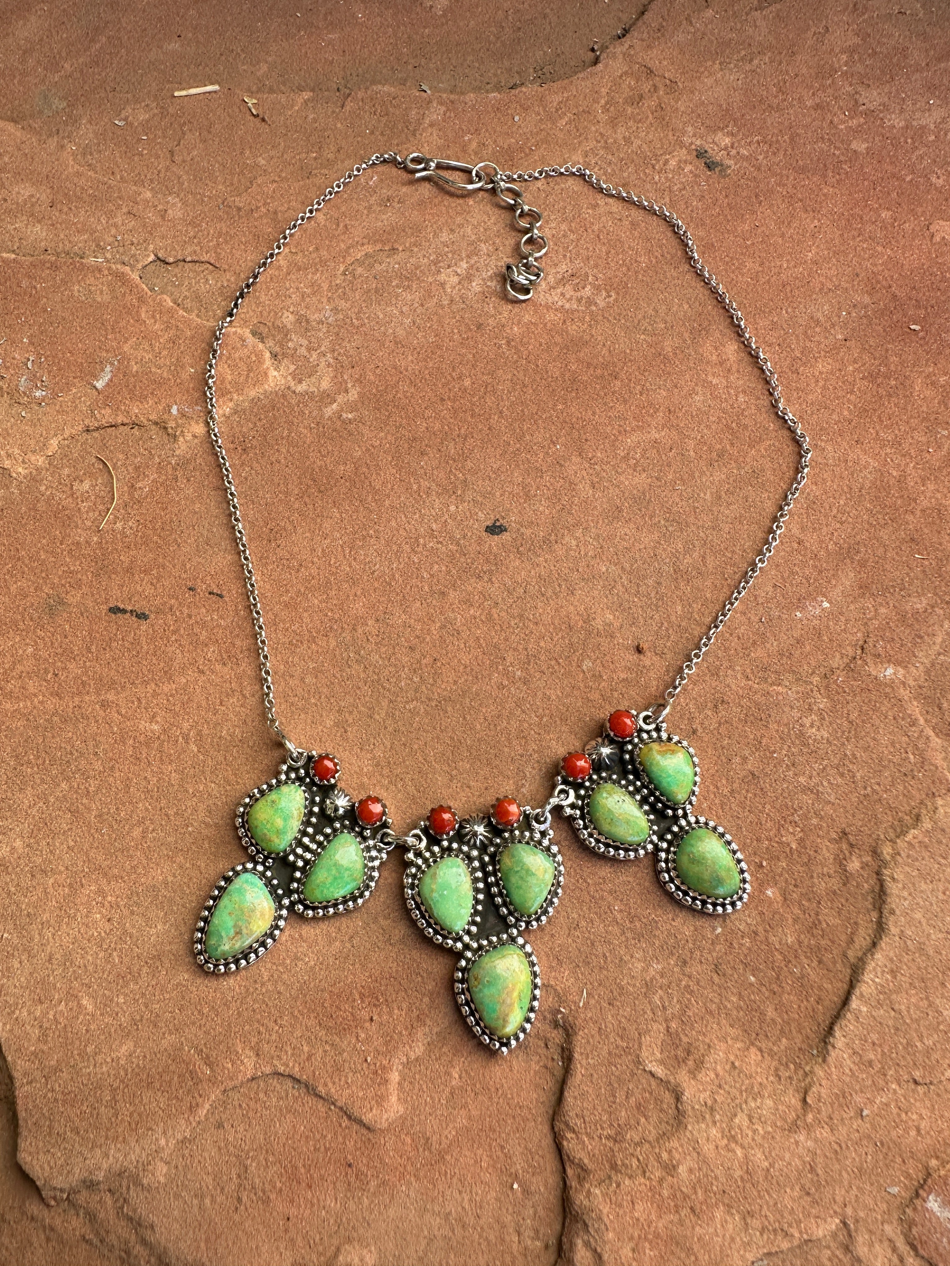 Handmade Sterling Silver, Coral & Dyed Kingman Turquoise Cactus Necklace