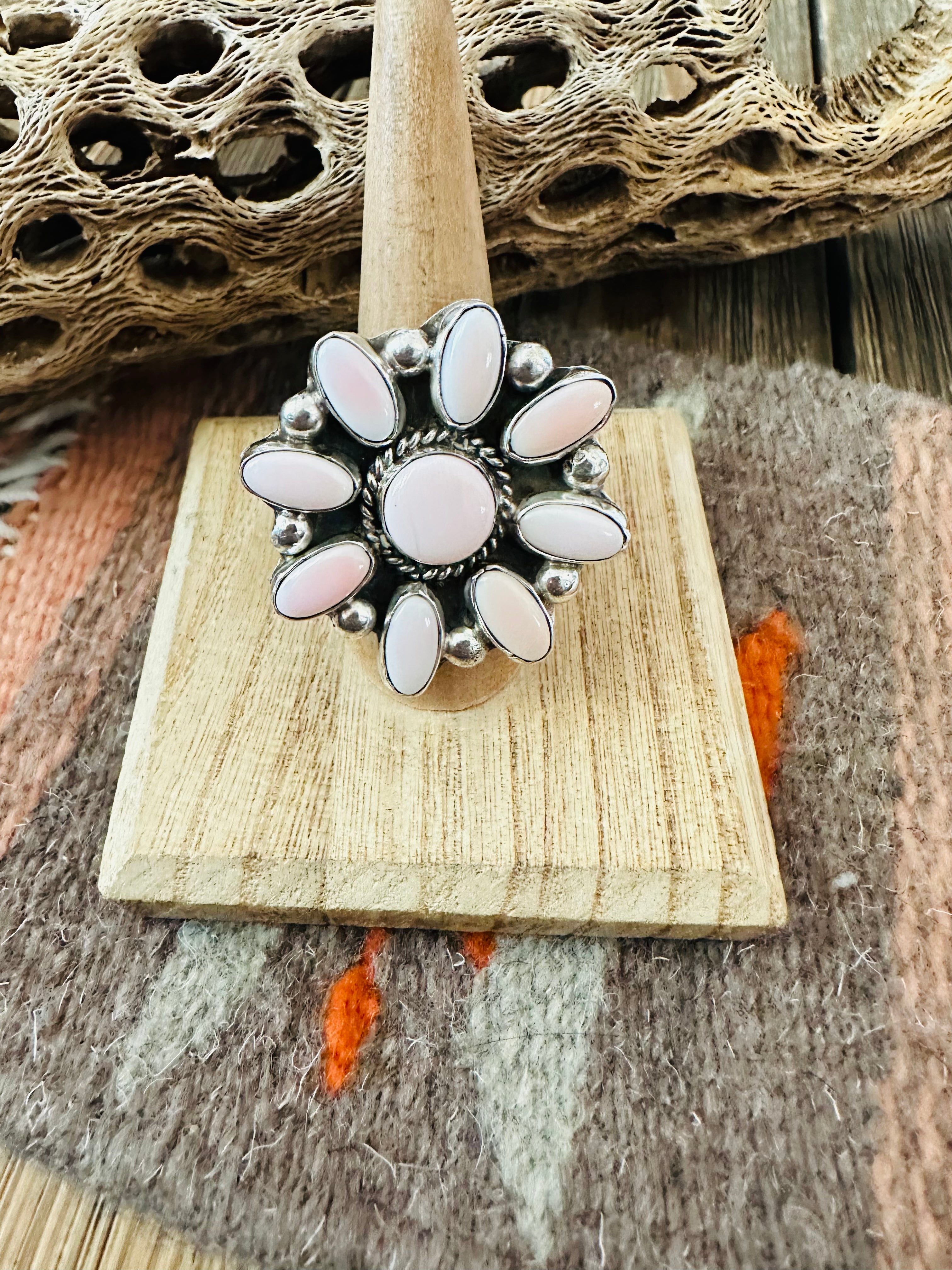 Navajo Sterling Silver and Queen Pink Conch Shell Adjustable Flower Ring