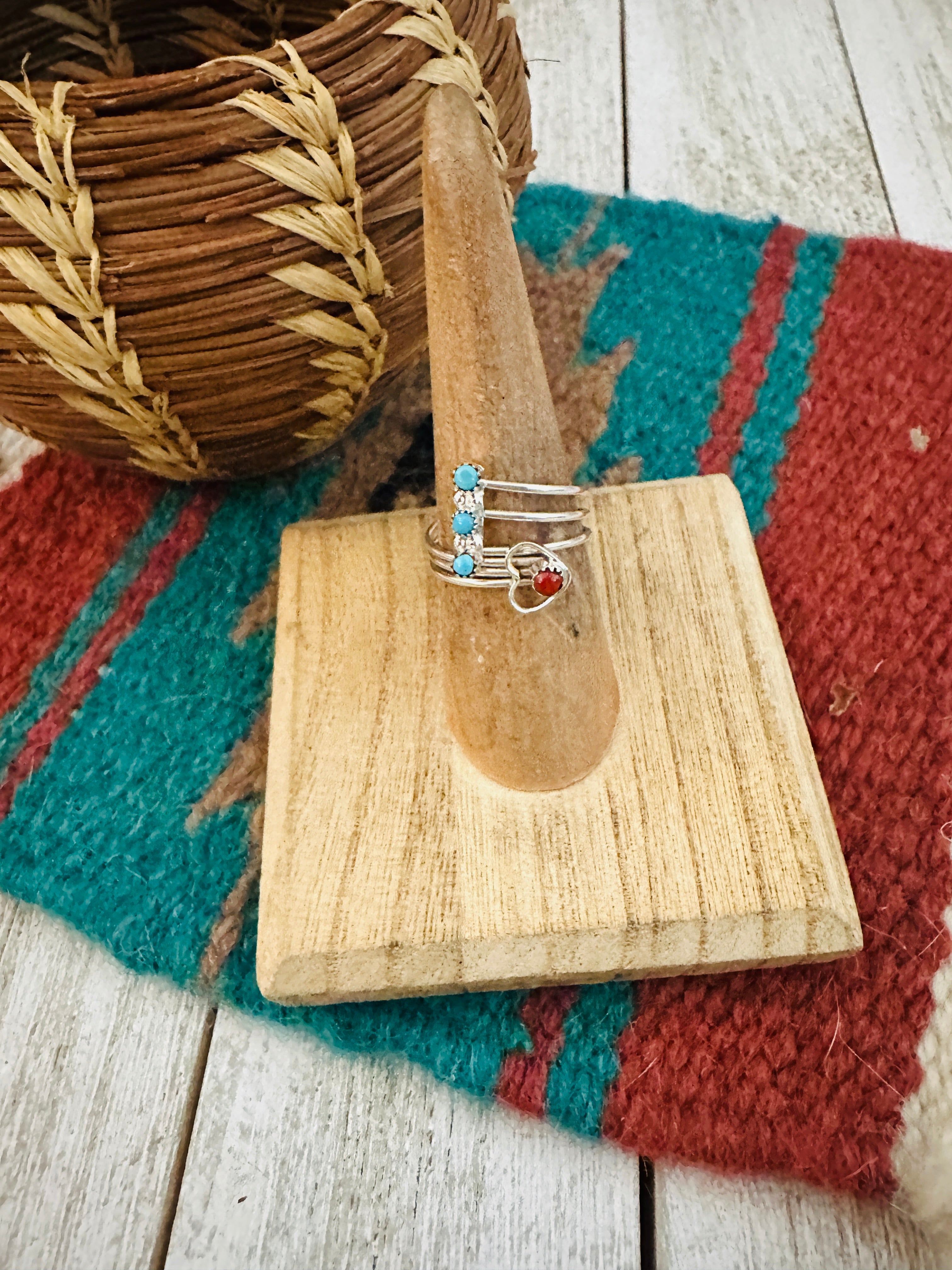 Zuni Turquoise, Coral & Sterling Silver Heart Adjustable Ring