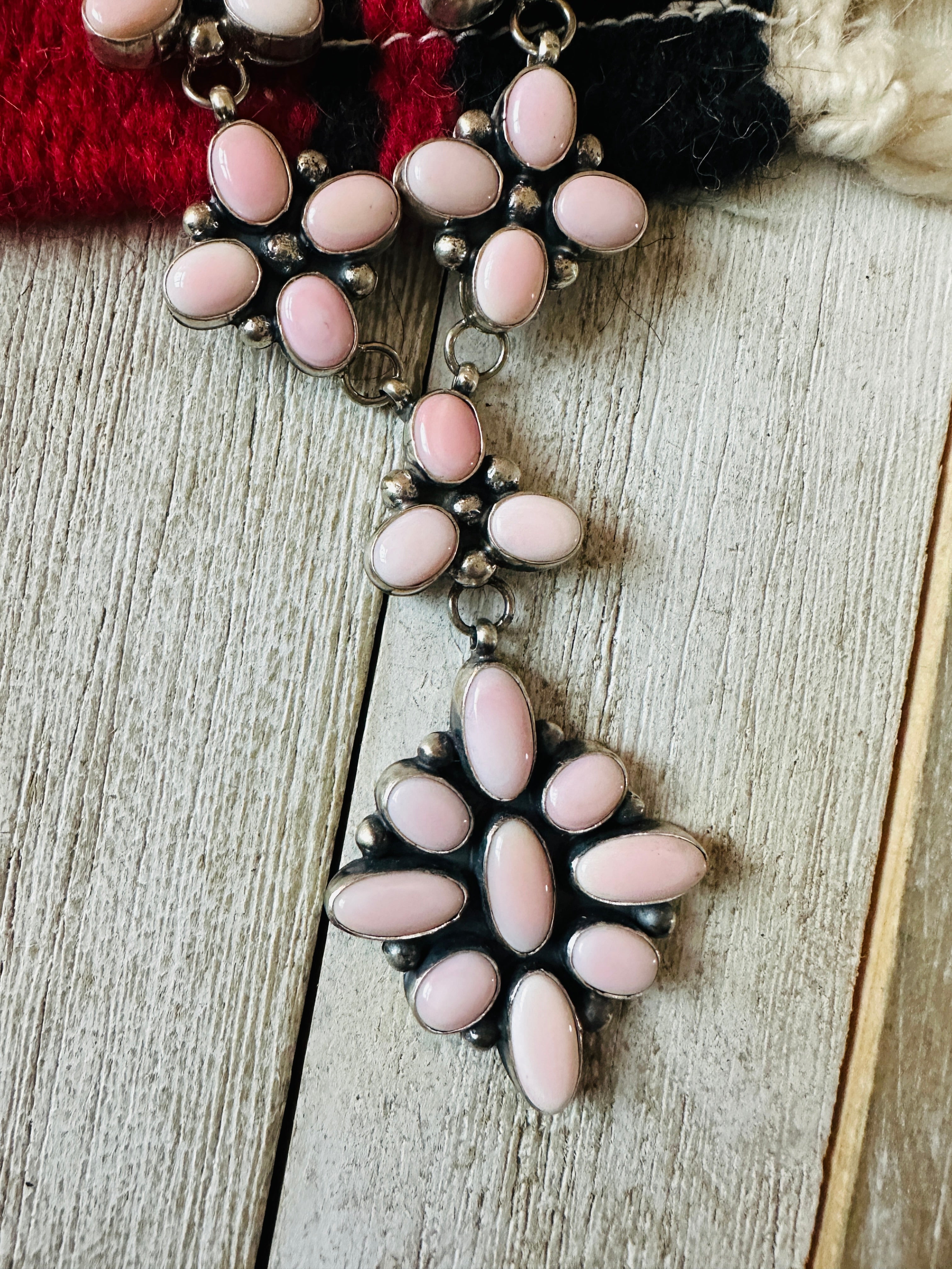 Navajo Queen Pink Conch & Sterling Silver Cluster Necklace Set