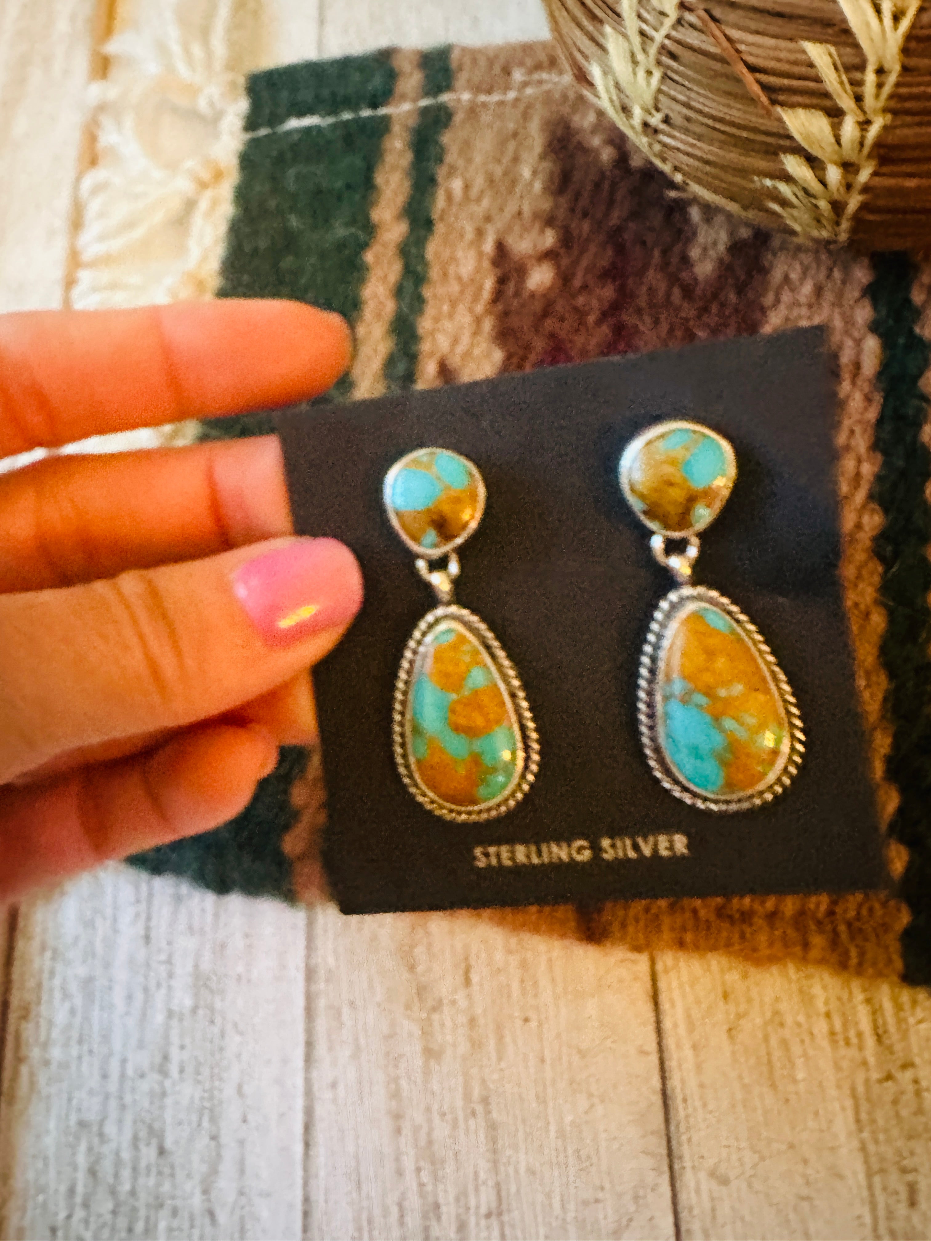 Navajo Royston Turquoise And Sterling Silver Dangle Earrings