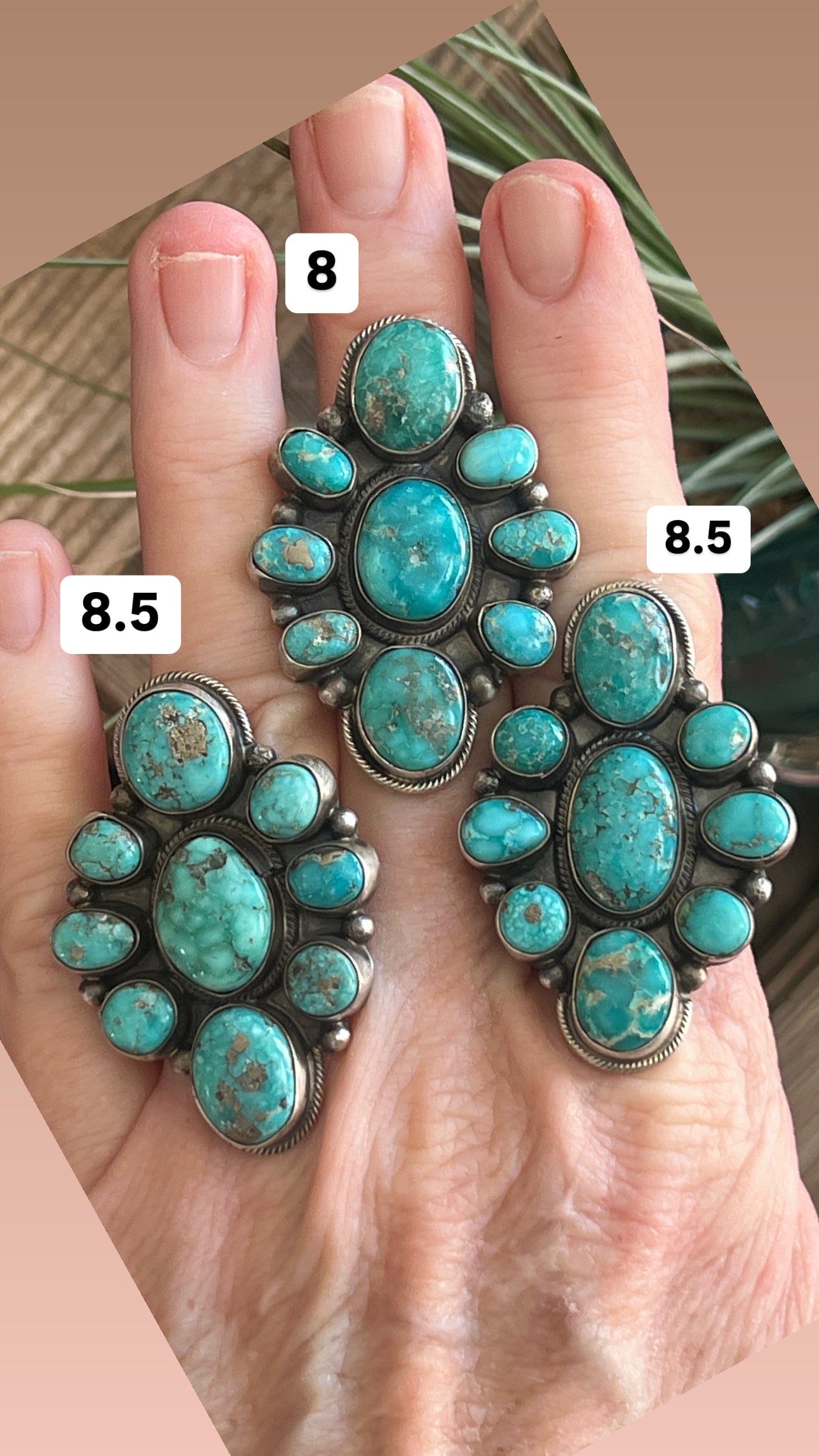 Handcrafted Sterling Silver and Natural Campitos Turquoise Cluster Rings by Sheila Becenti