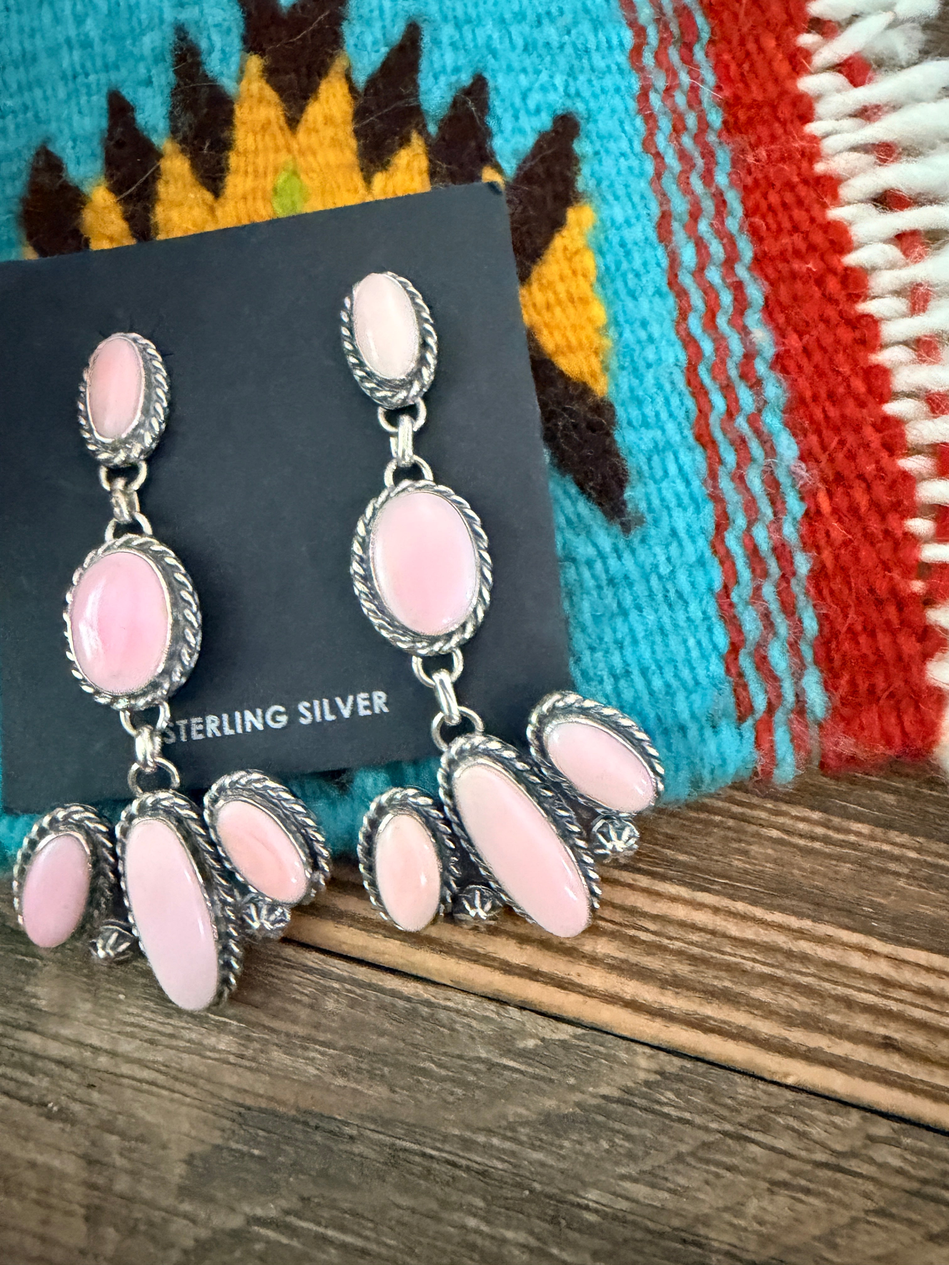 Handcrafted Queen Pink Conch & Sterling Silver Cluster Dangle Earrings