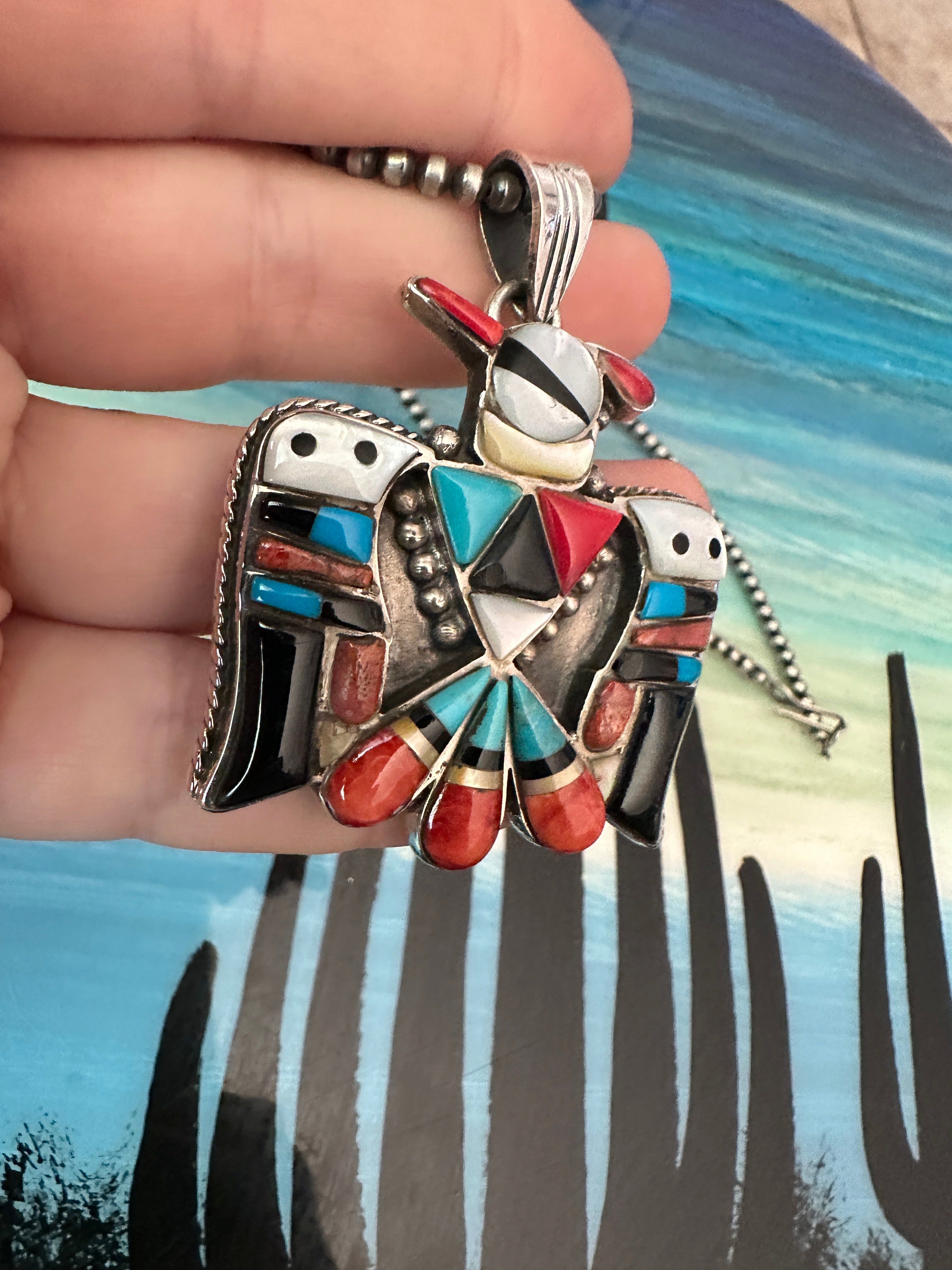 Handmade Sterling Silver Multi Stone Inlay Thunderbird Pendant Signed Nizhoni