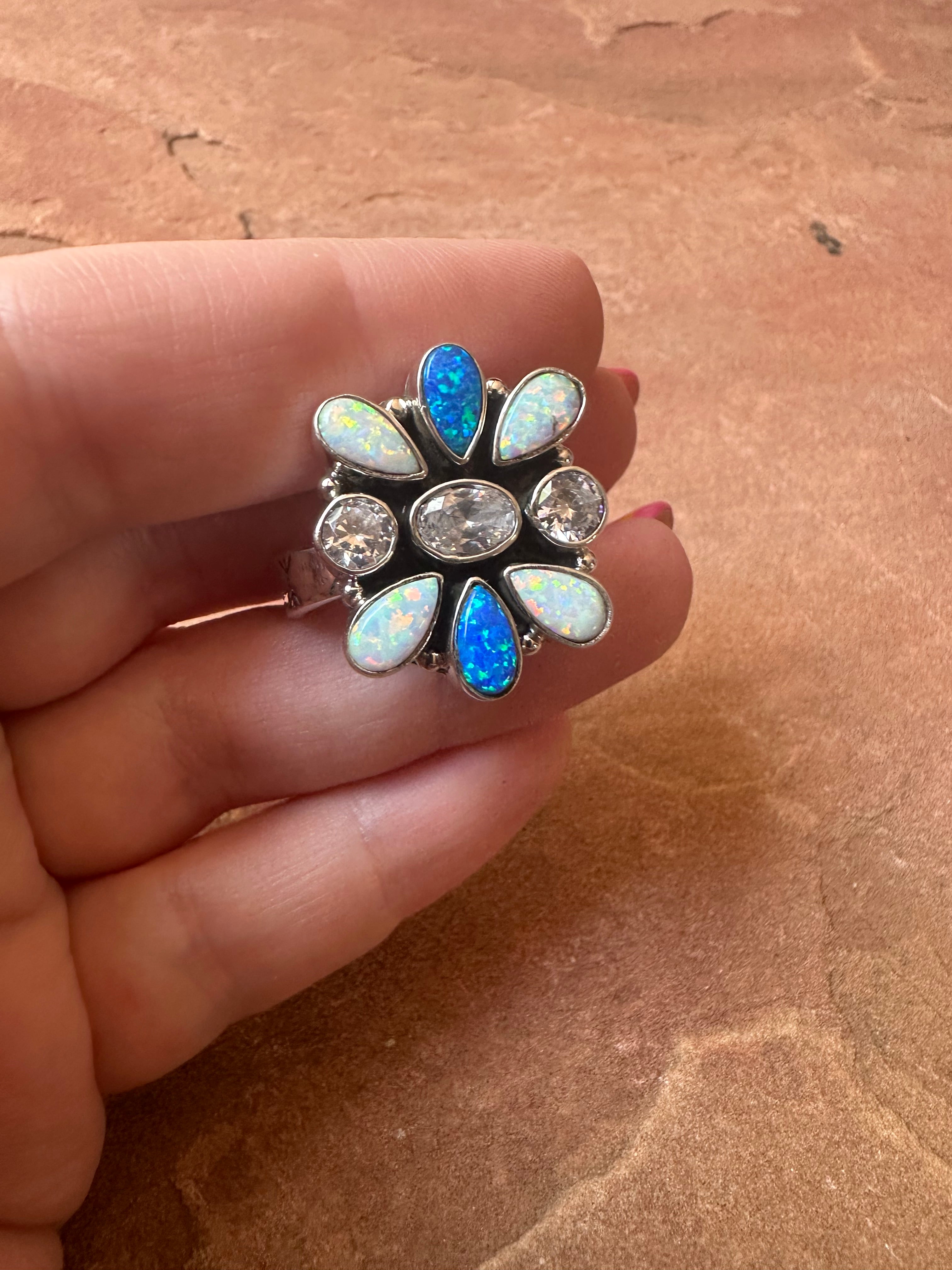 4TH OF JULY COLLECTION Handmade White & Blue Fire Opal & Sterling Silver Adjustable Ring Signed Nizhoni