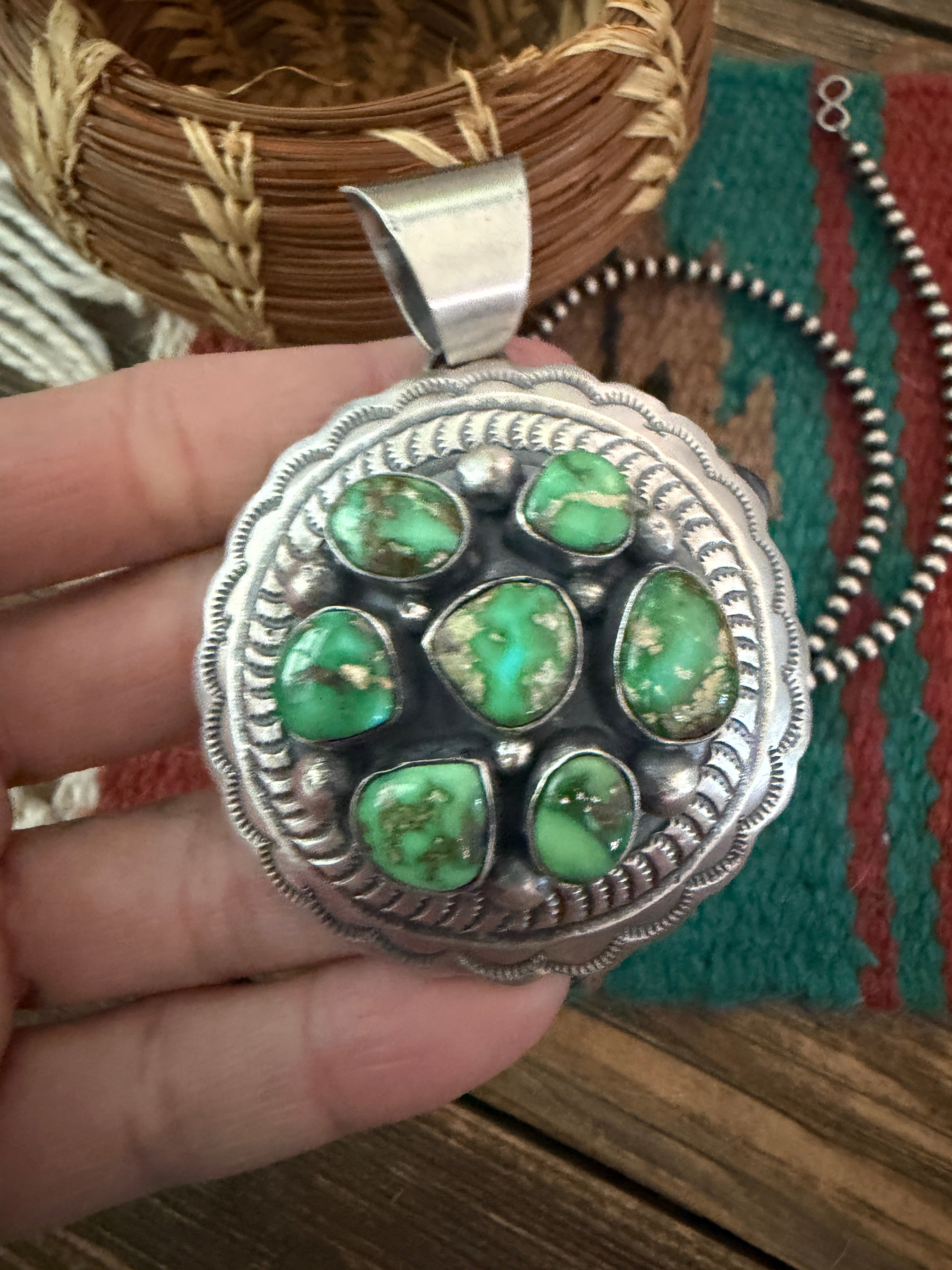 Handcrafted Sterling Silver & Sonoran Gold Turquoise Concho Pendant by Chimney Butte
